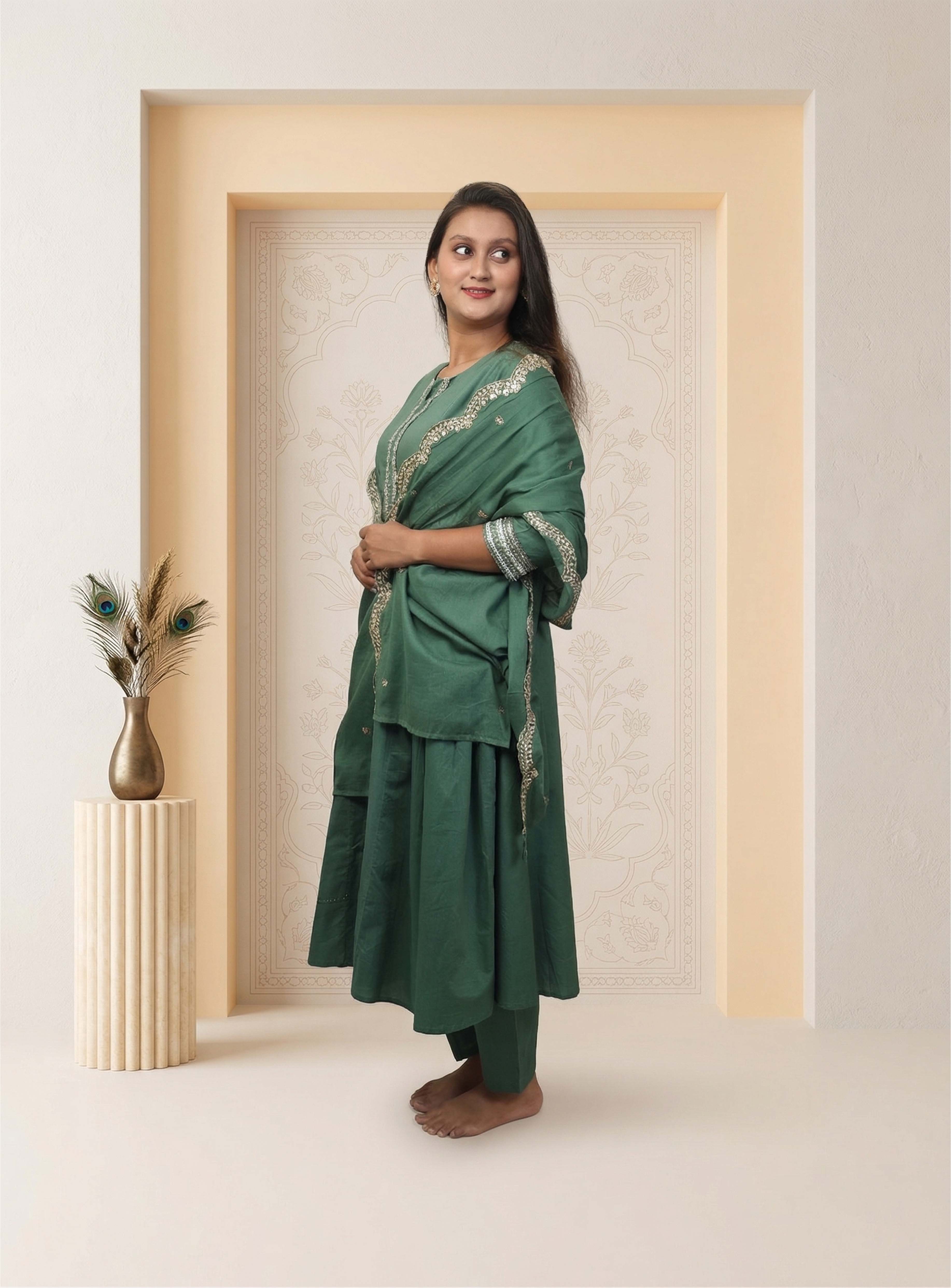 Green cotton anarkali suit-set with dupatta
