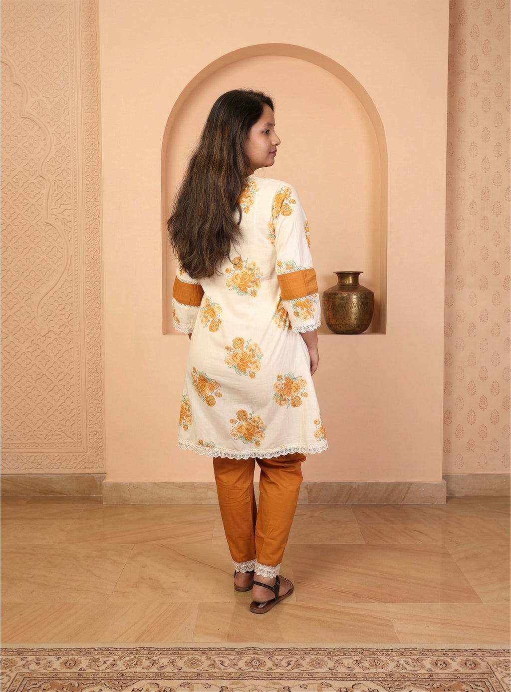 Off White Printed Cotton A- line Co-ord  set