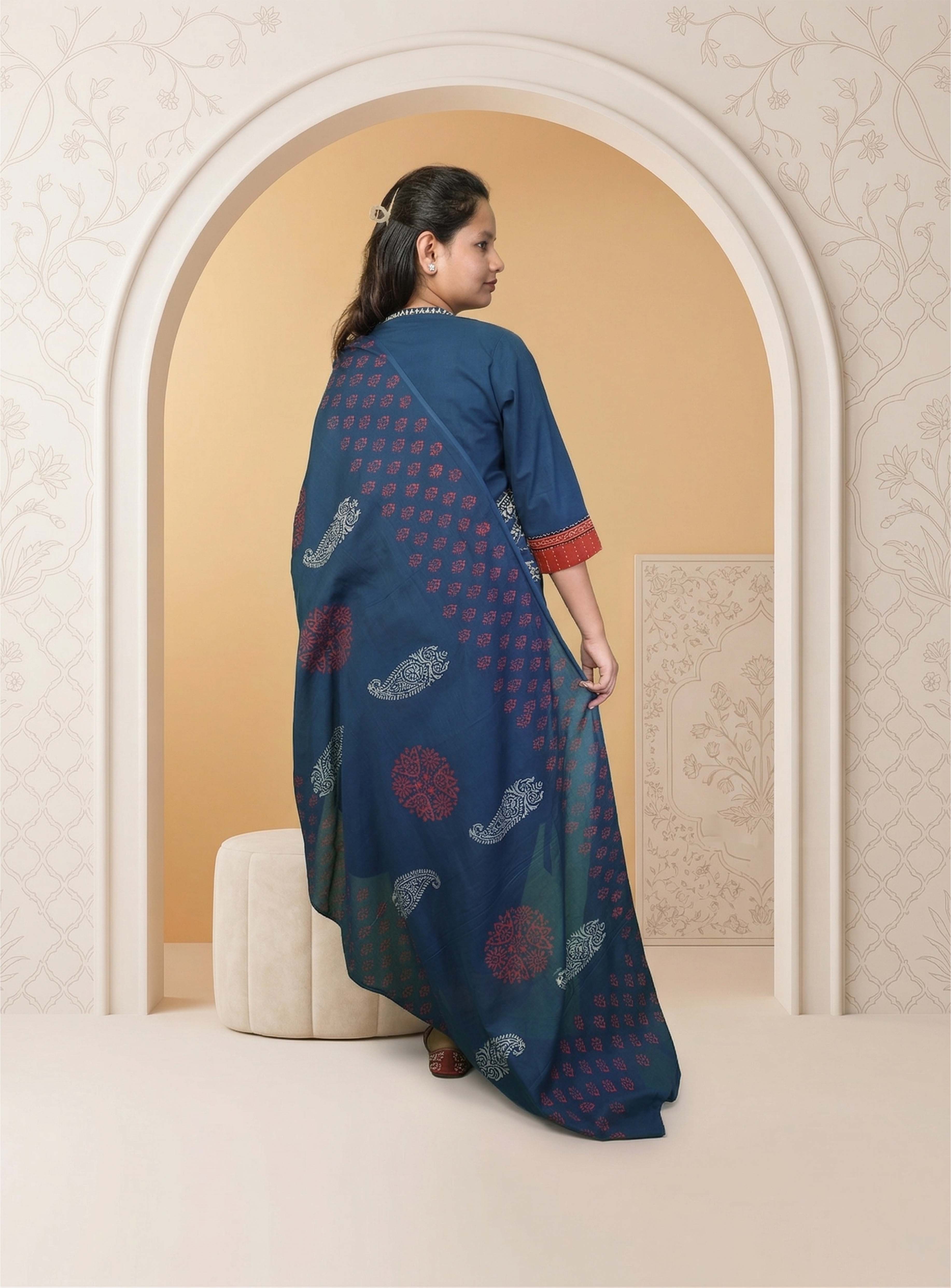Blue warli print cotton straight suit set with block print dupatta