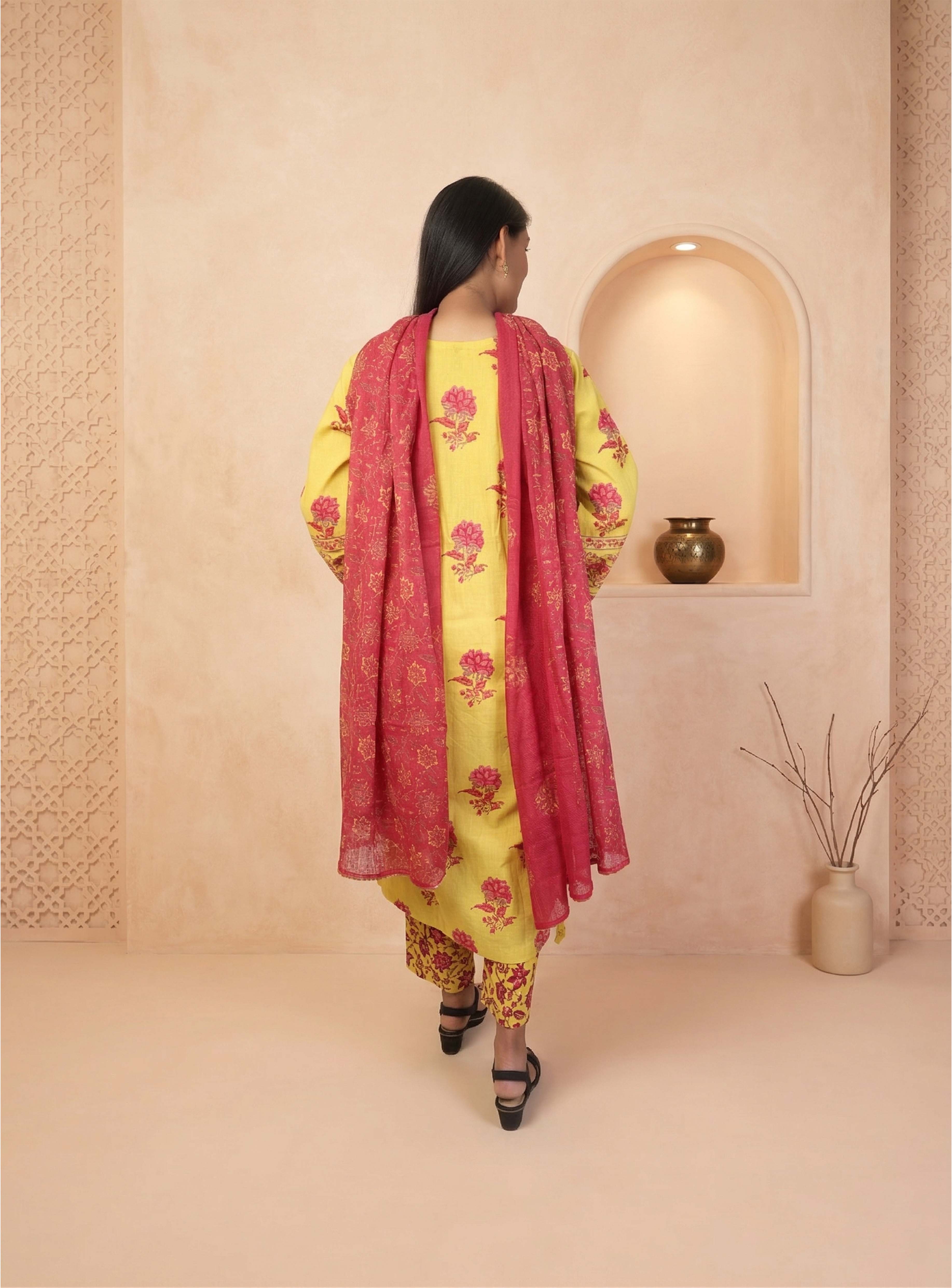 Yellow cotton block print straight suit set with kota doriya dupatta