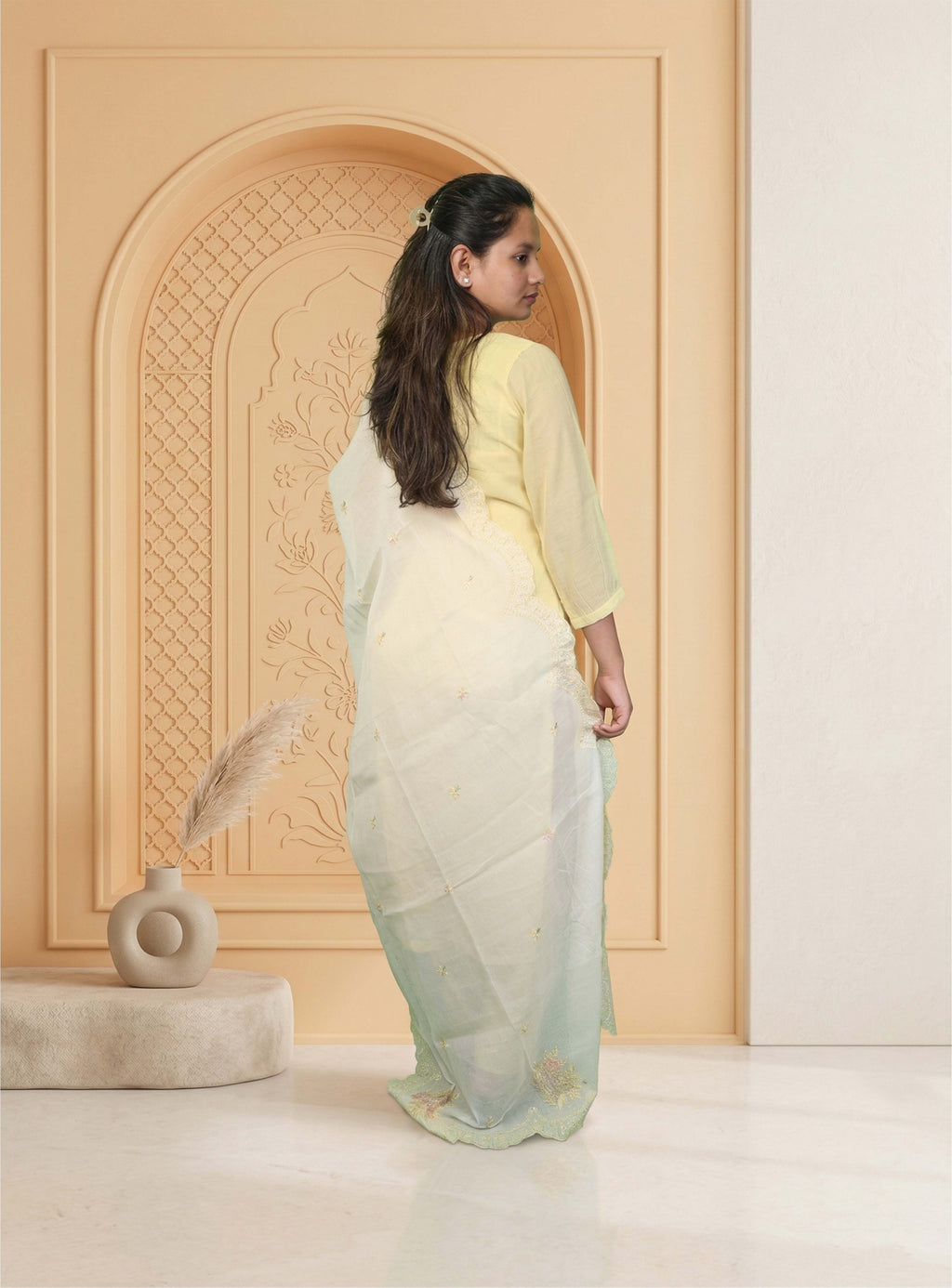 Light Yellow banarasi mul chanderi straight suit-set with dupatta