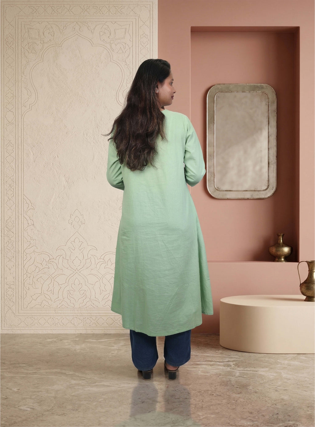 Pista thread work cotton A-line kurta