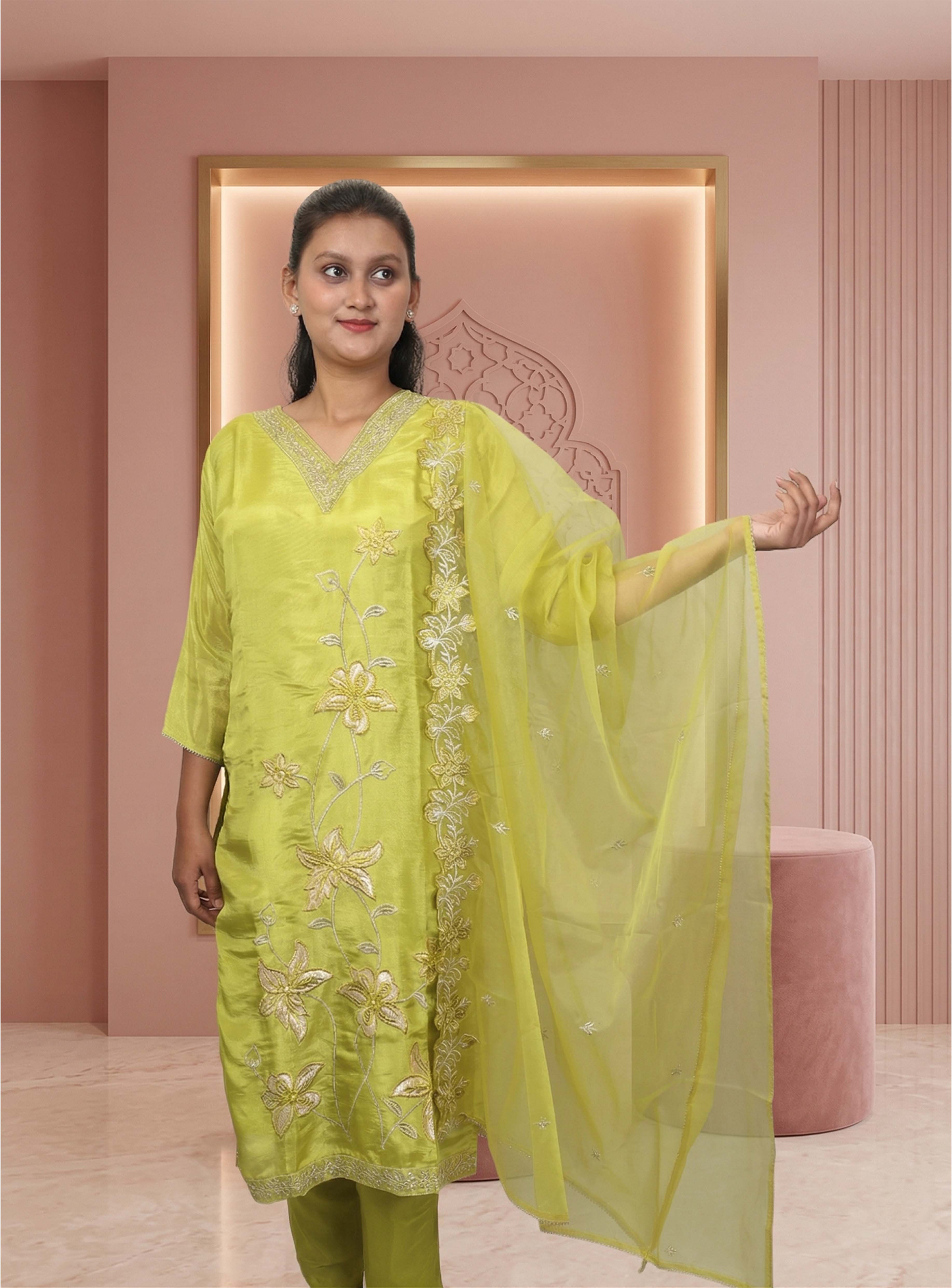Green tissue shimer straight suit-set, with dupatta