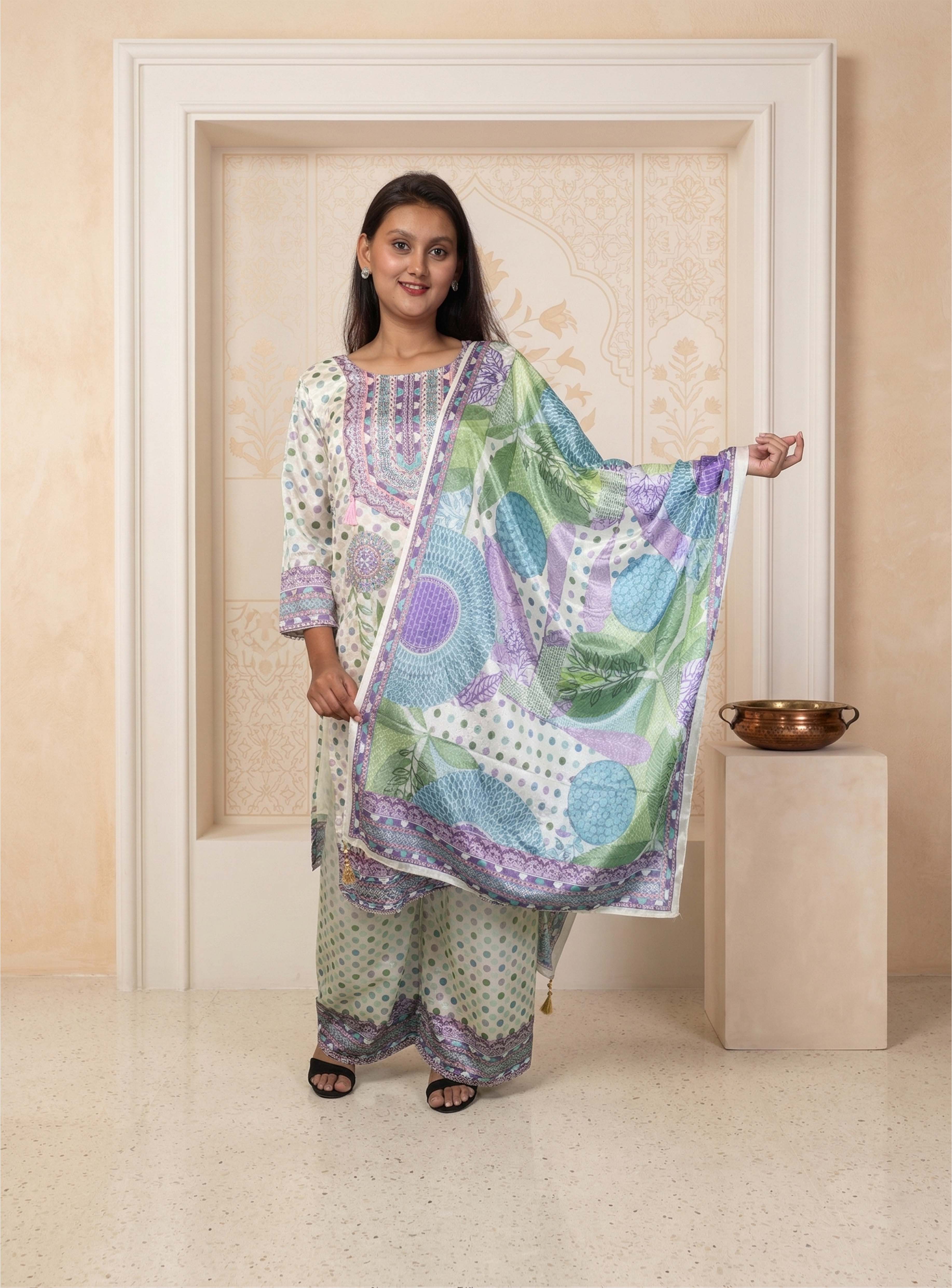 Off white polka dot straight suit set with dupatta