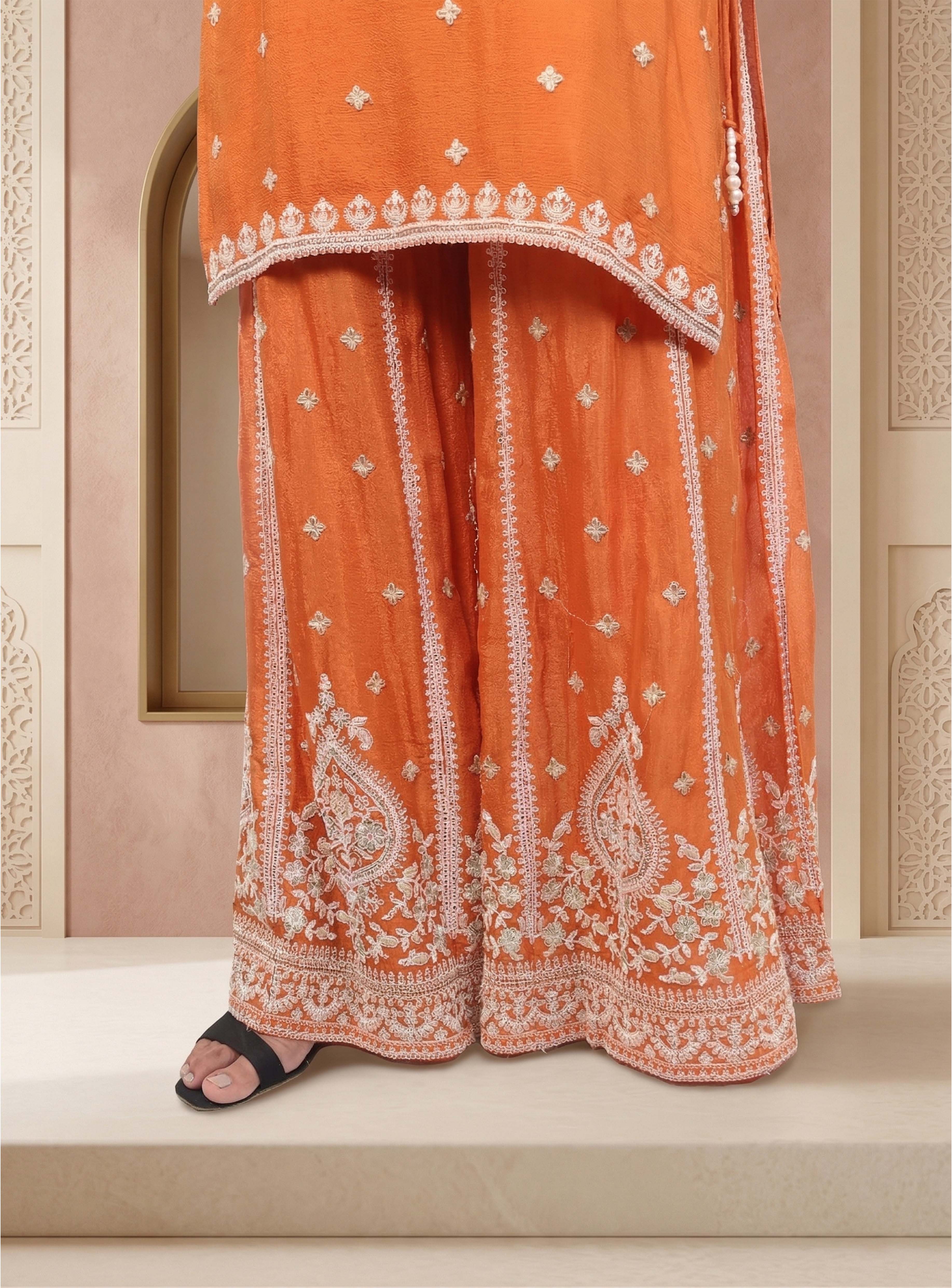 Rust orange handwork garara with dupatta