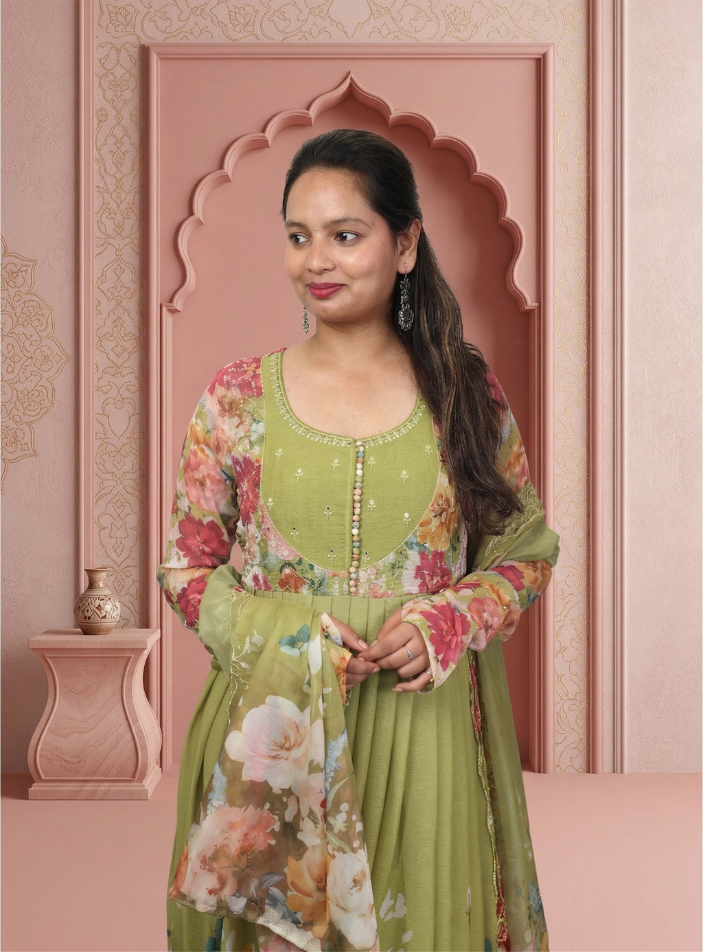 Green Printed chiffon anarkali set with dupatta