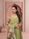 Green Printed chiffon anarkali set with dupatta