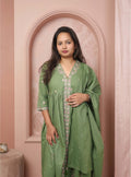 Green thread work cotton A-line suit set with dupatta