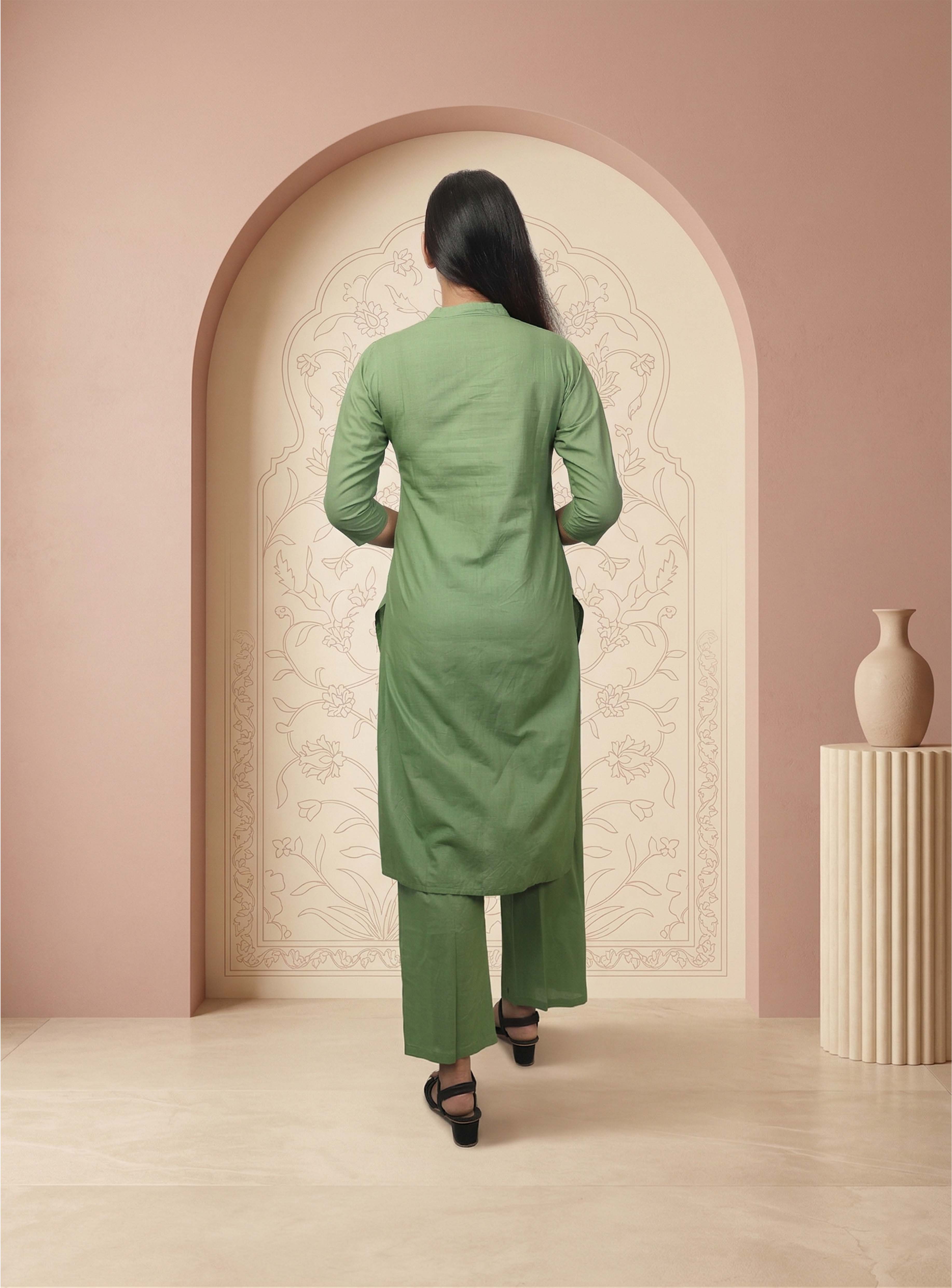 Green thread embroidery straight co-ord set