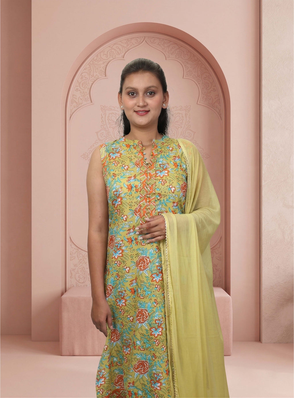 Green cotton printed straight suit-set with dupatta