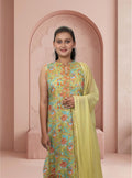 Green cotton printed straight suit-set with dupatta