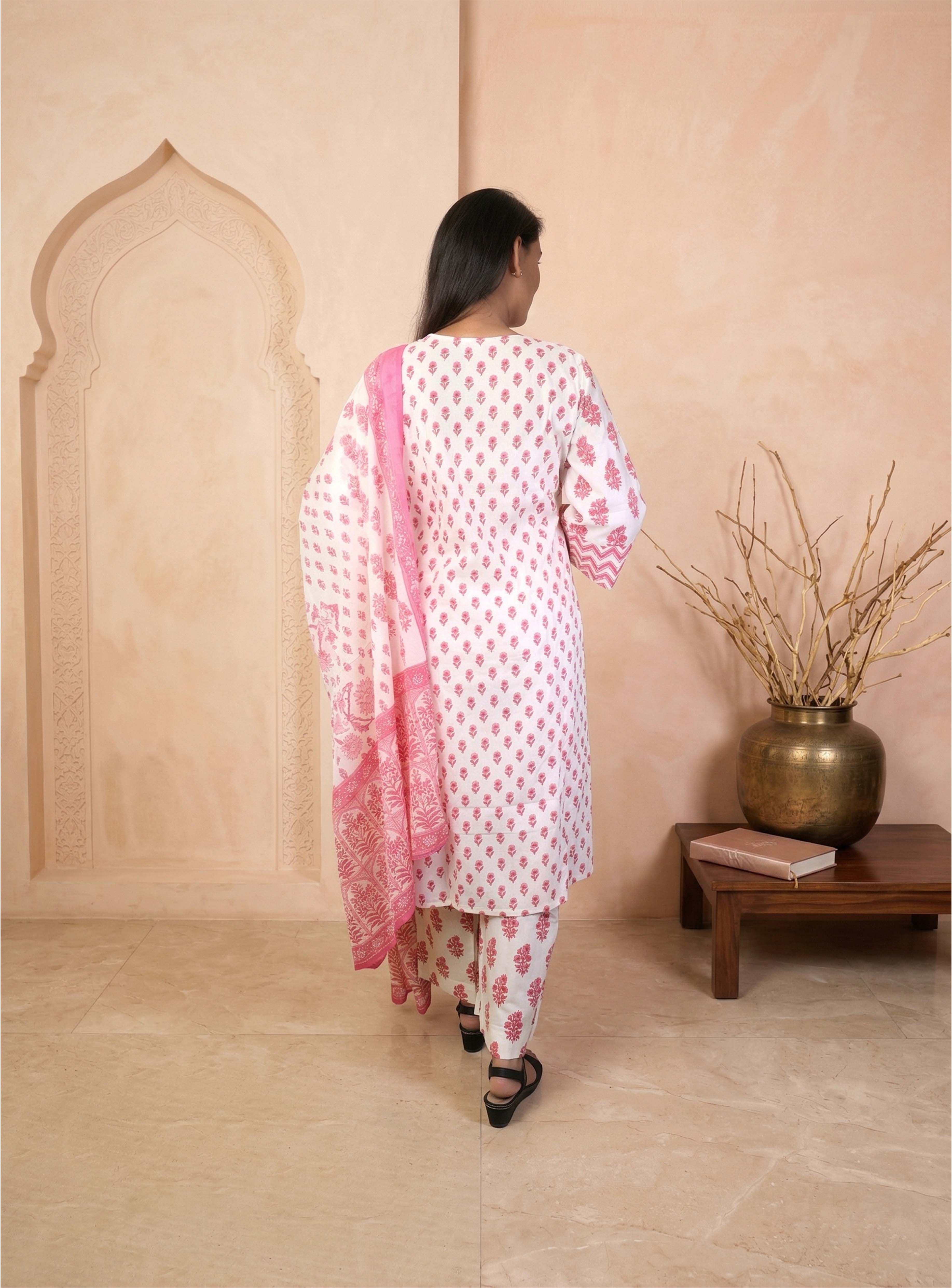 Pink and white cotton straight suit set with dupatta