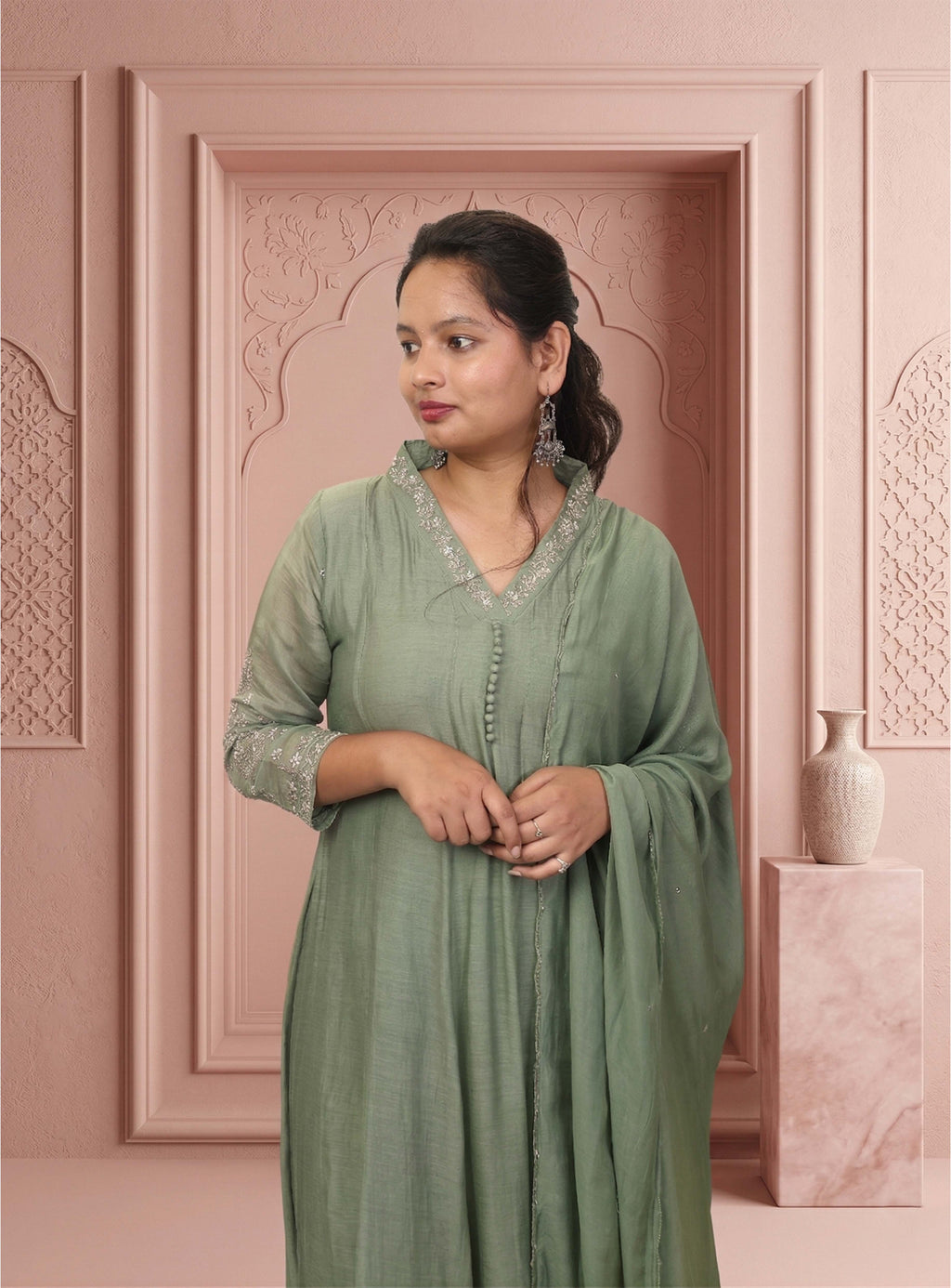 Green banarasi mul chanderi anarkali with dupatta