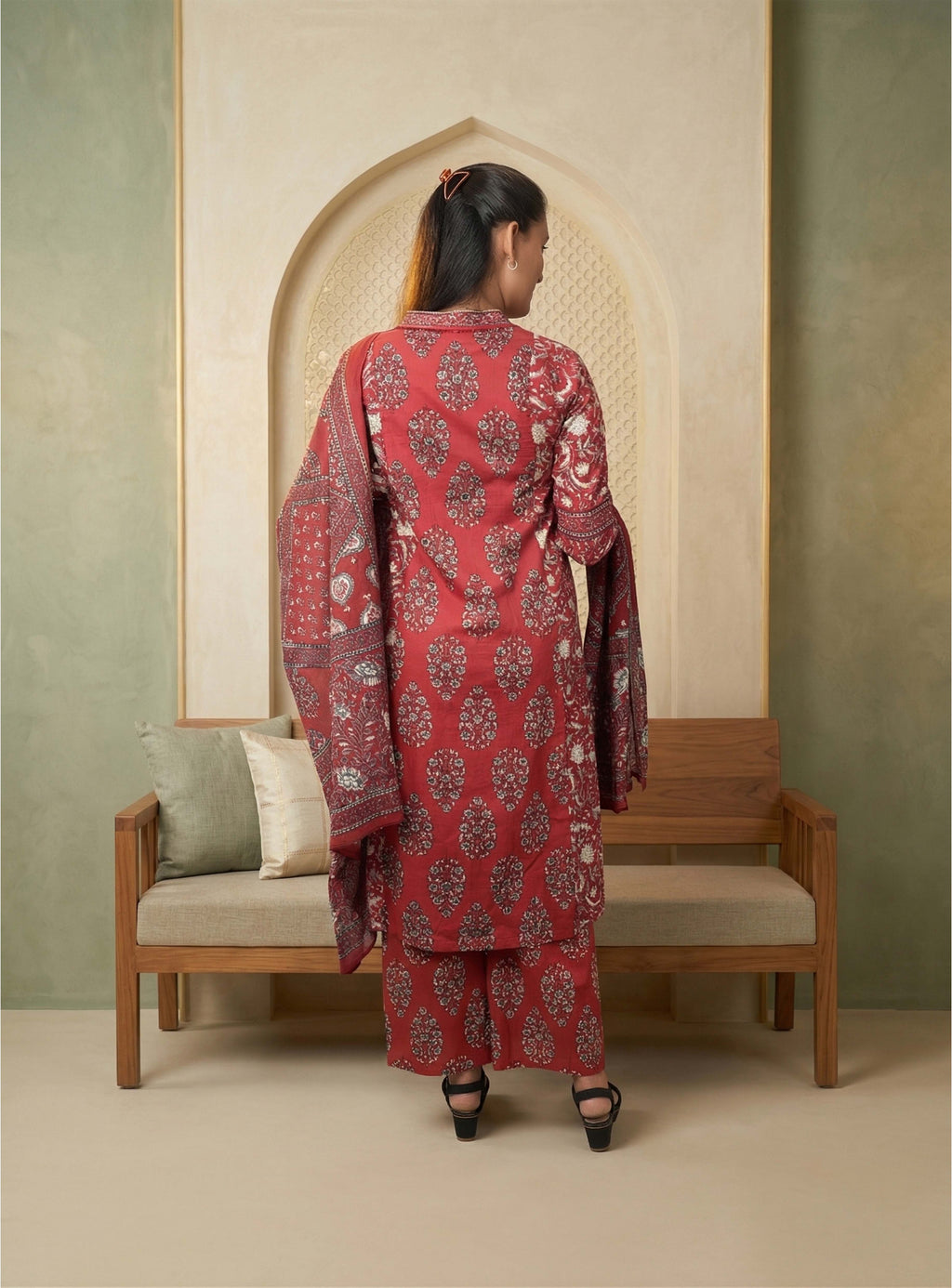 Red Printed Cotton A-line Suit-set with Dupatta