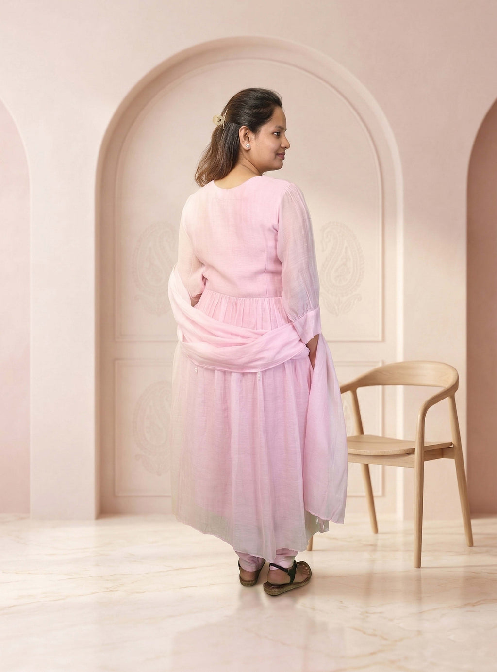 Pink Banarasi mul chanderi Anarkali set with dupatta