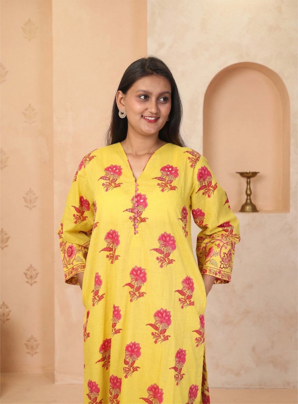 Yellow cotton block print straight suit set with kota doriya dupatta