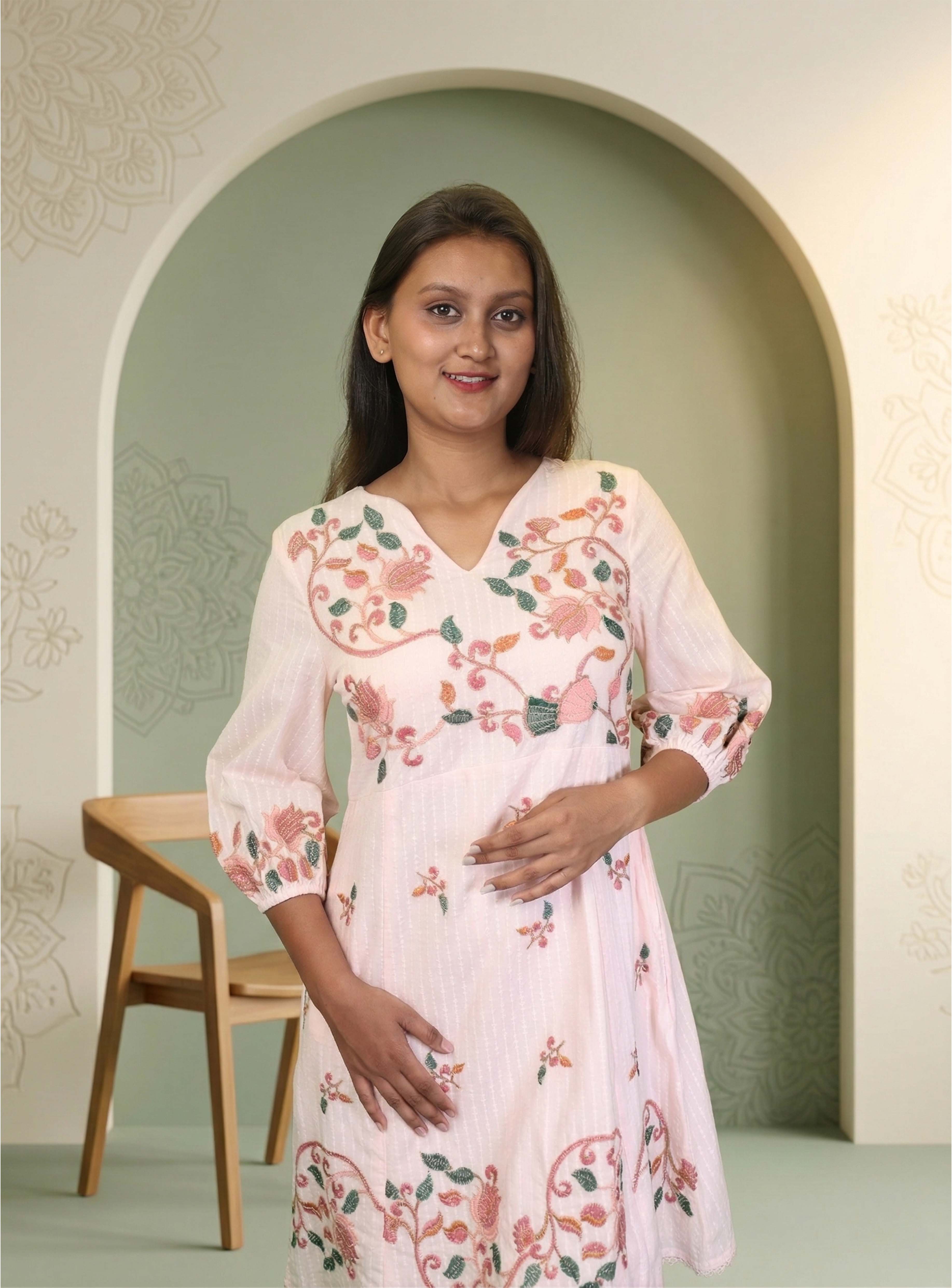 Baby Pink Thread work cotton A-line Dress