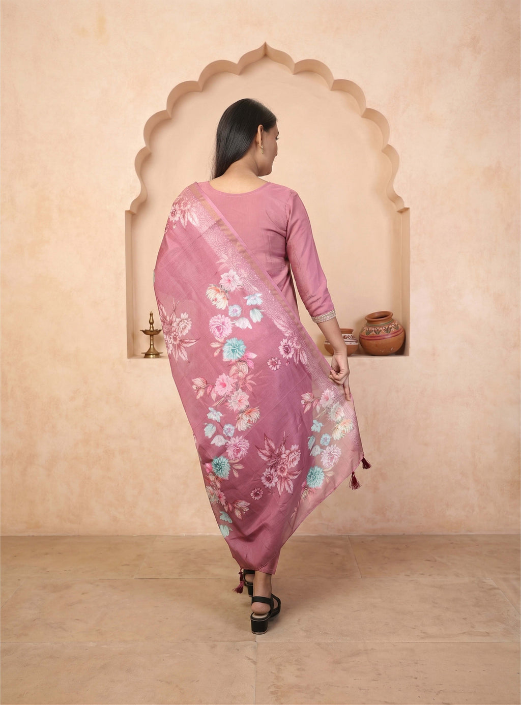 Rose pink silk blend shimmer straight suit set with dupatta