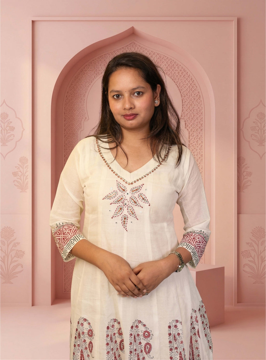 Handloom white blockprint anarkali with dupatta