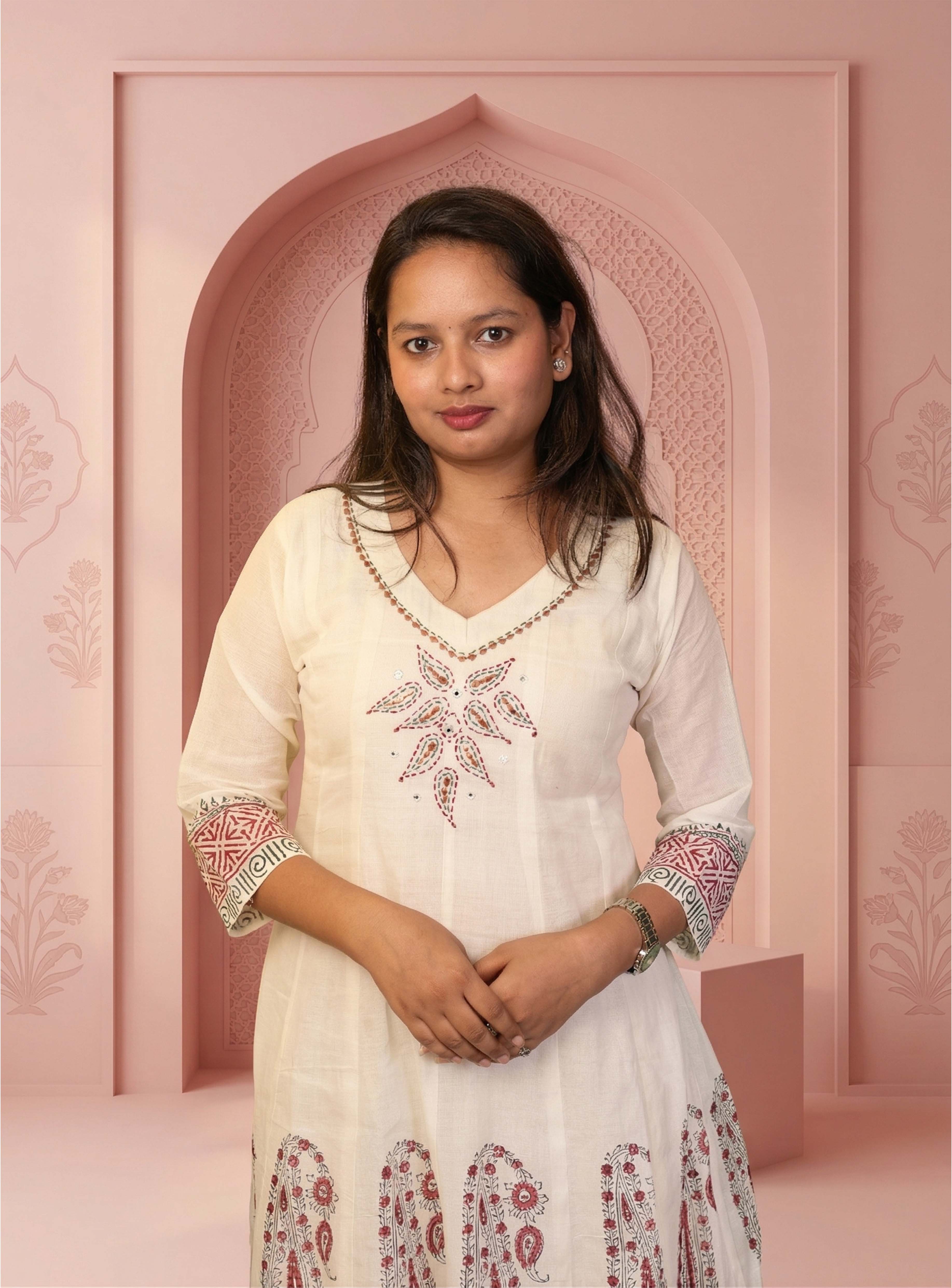 Handloom white blockprint anarkali with dupatta