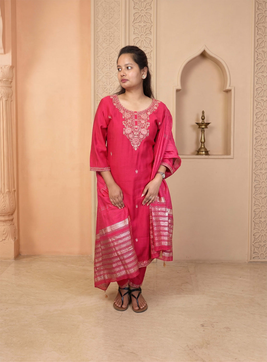 Pink silk blend straight suit set with dupatta