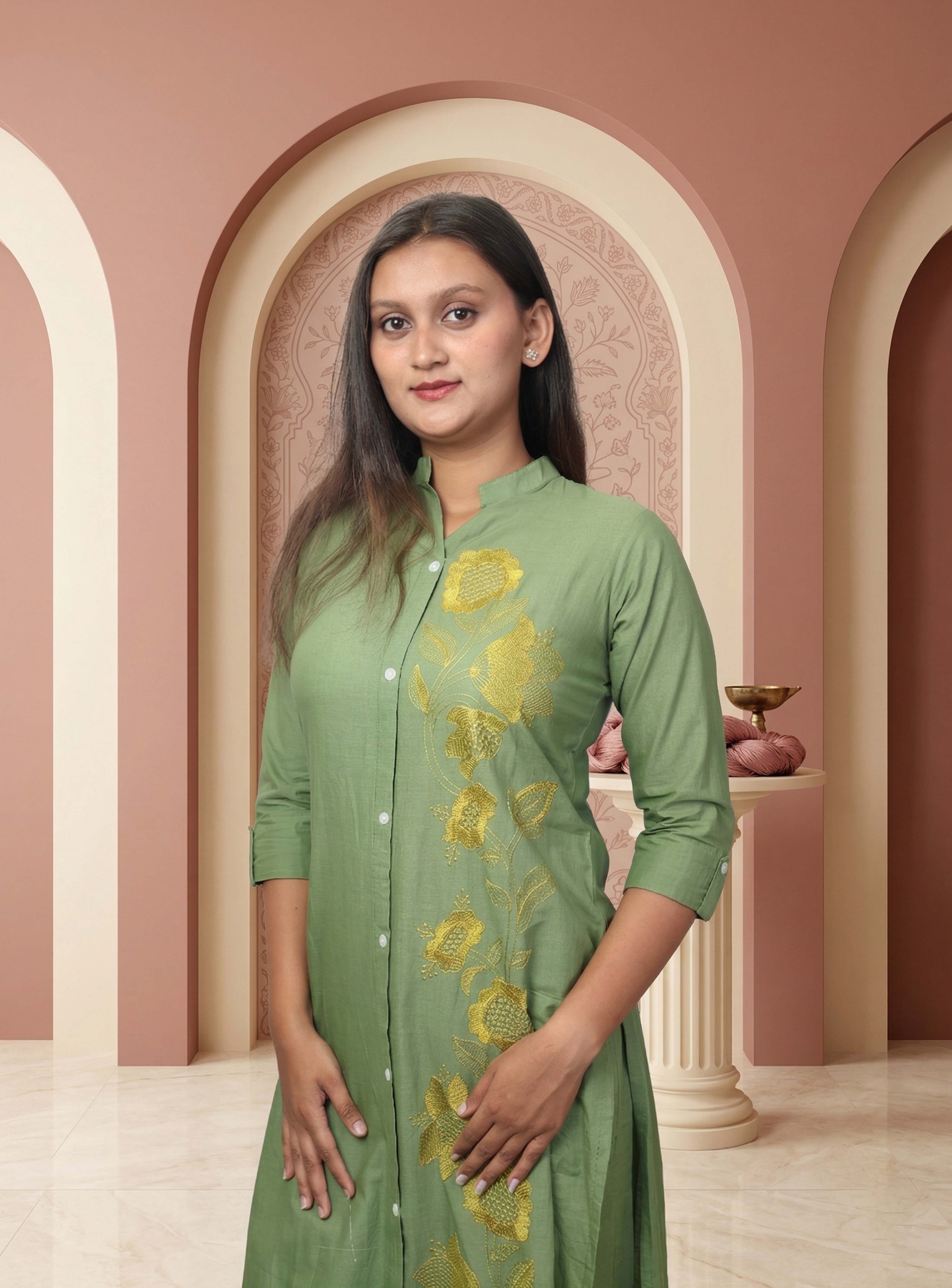 Green thread embroidery straight co-ord set
