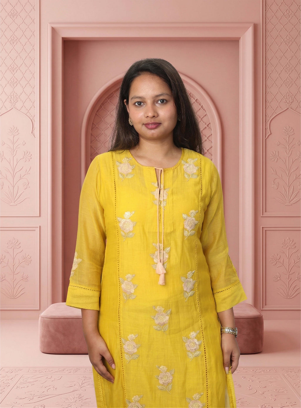 Yellow Banarasi mull chanderi straight handwork suit set with dupatta