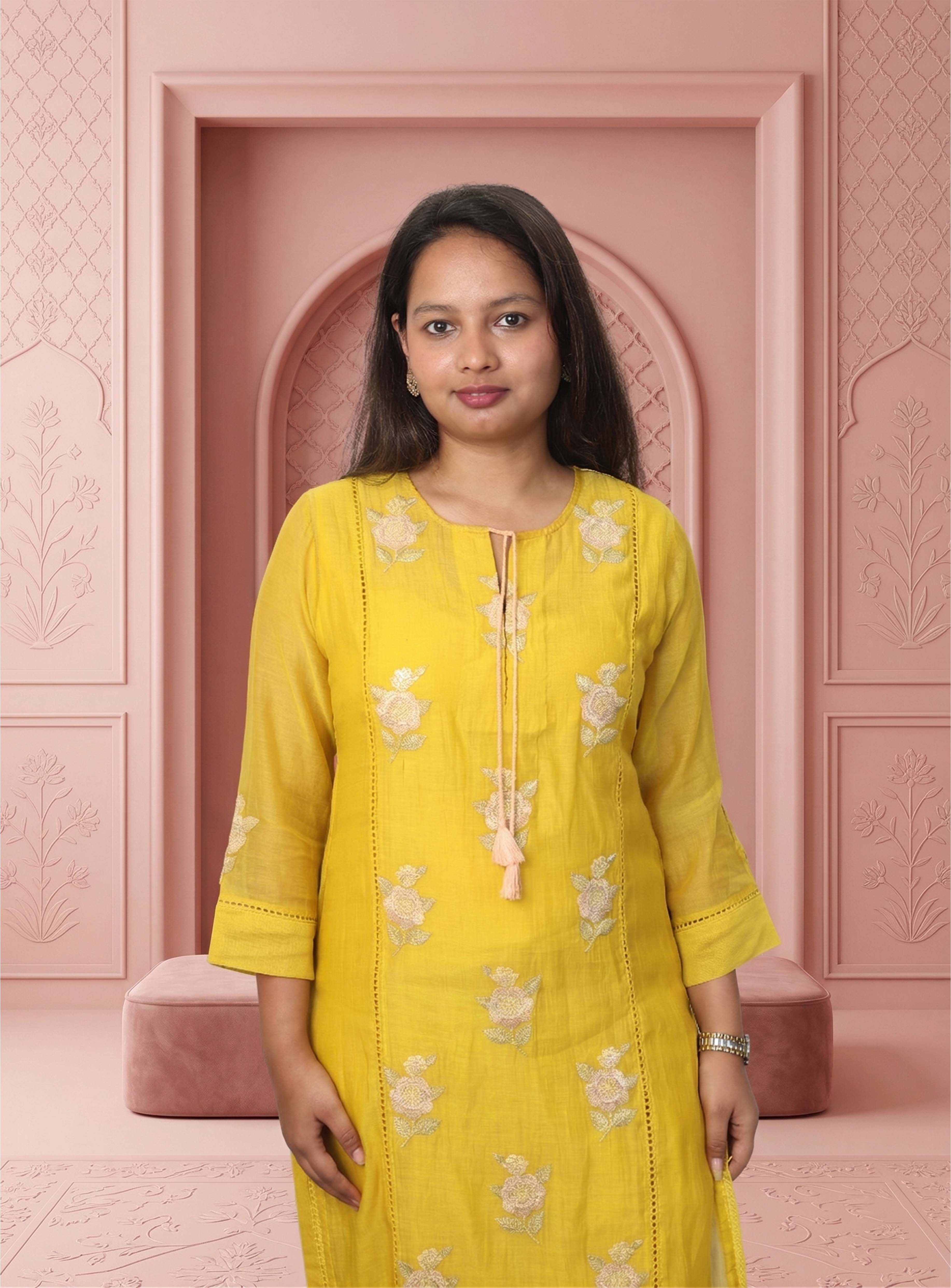 Yellow Banarasi mull chanderi straight handwork suit set with dupatta