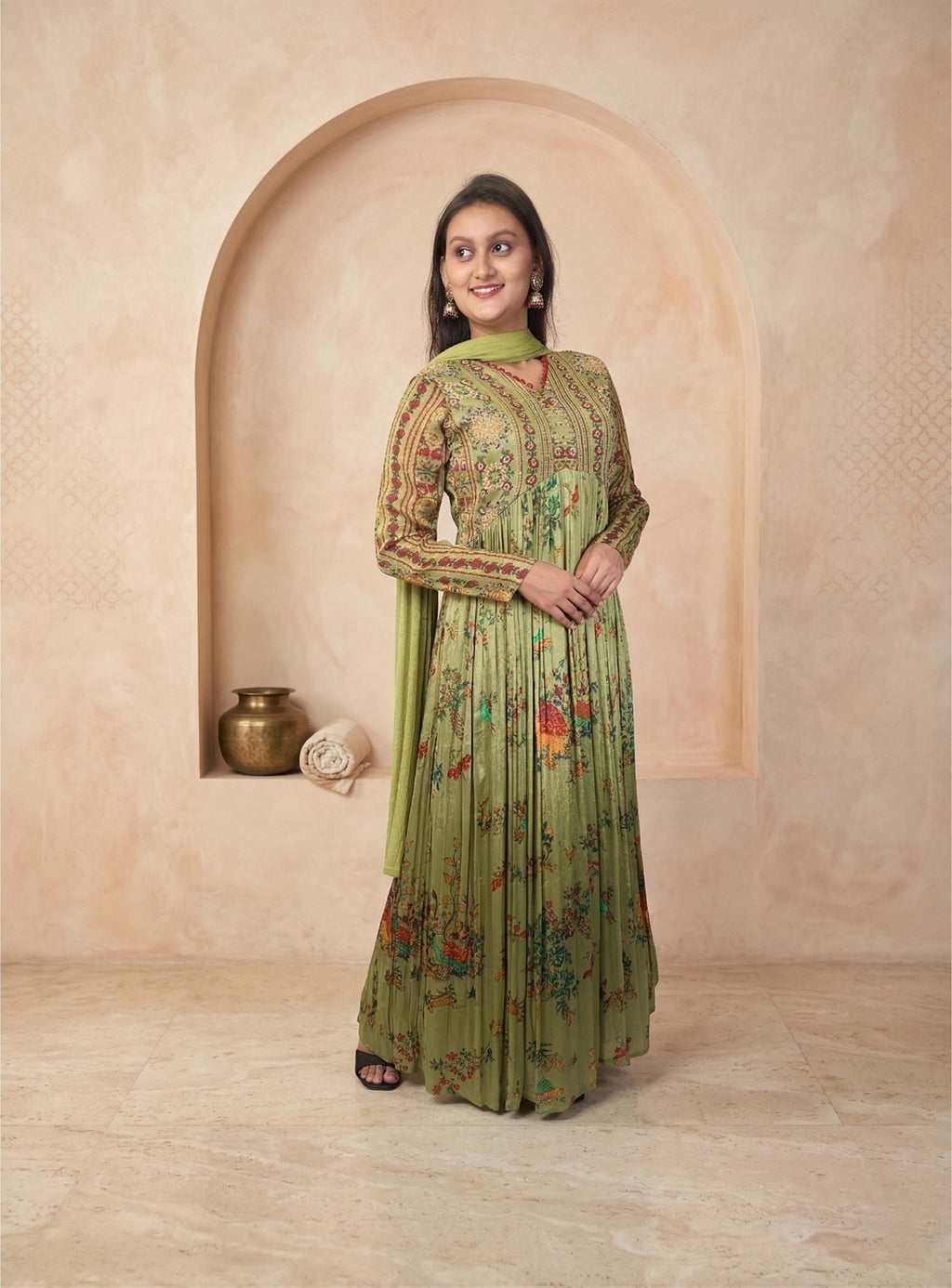 Green chinon hand work anarkali with dupatta