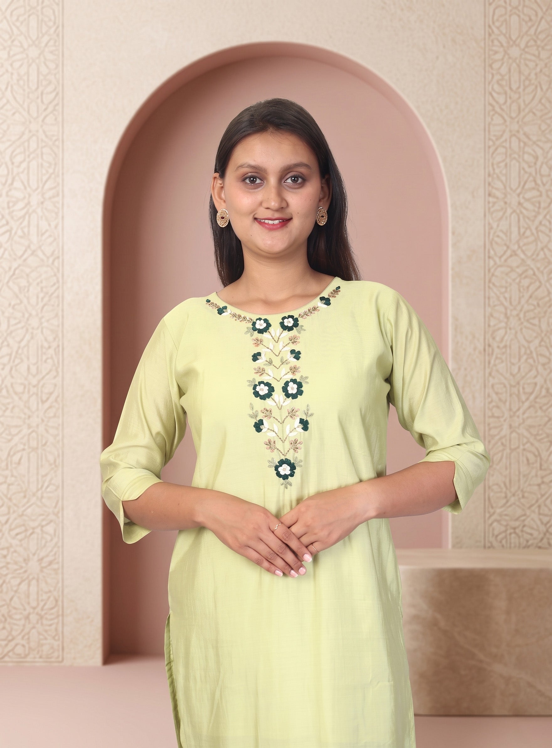 Pastel green silk blend straight suit set with dupatta