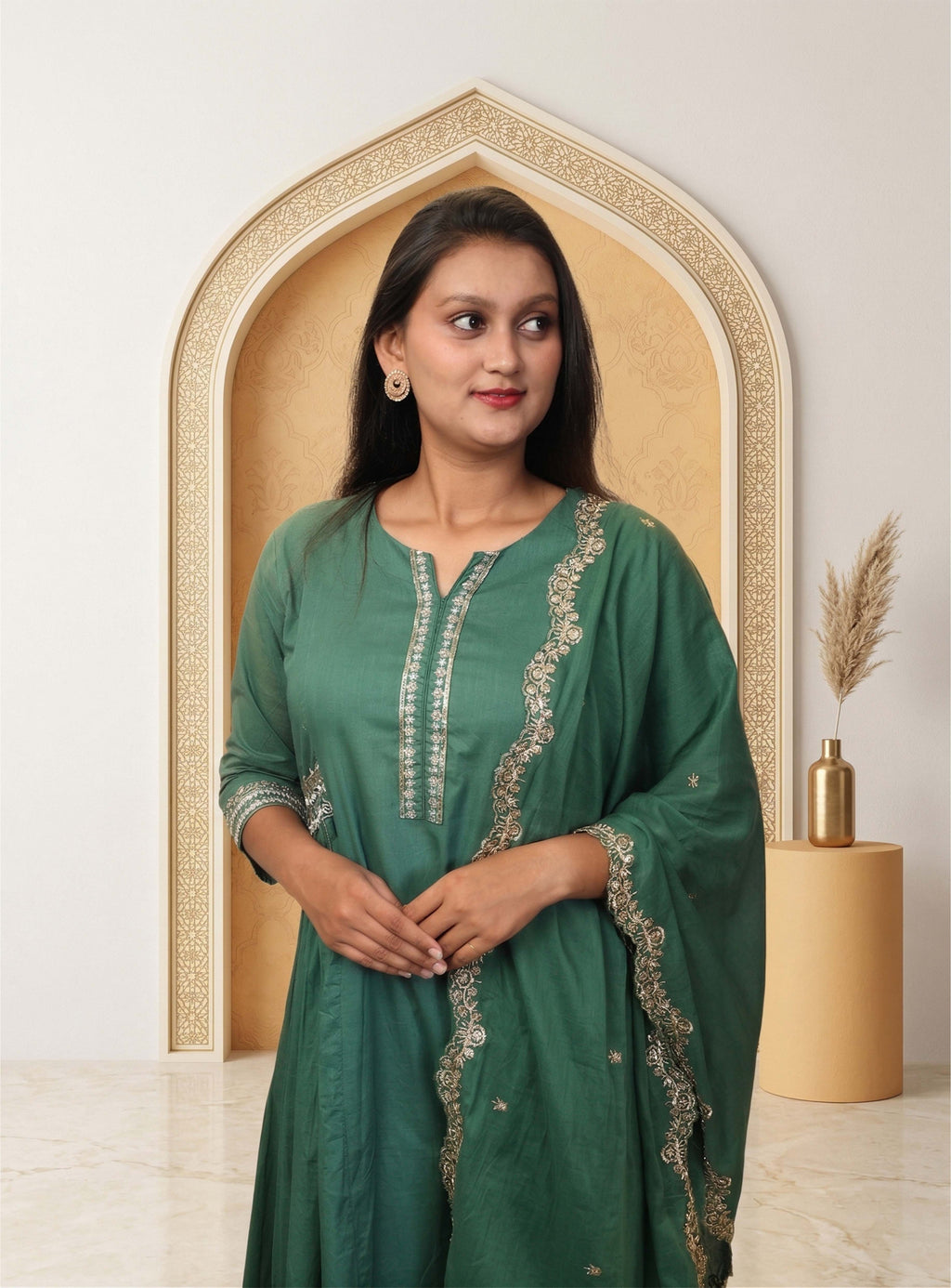 Green cotton anarkali suit-set with dupatta