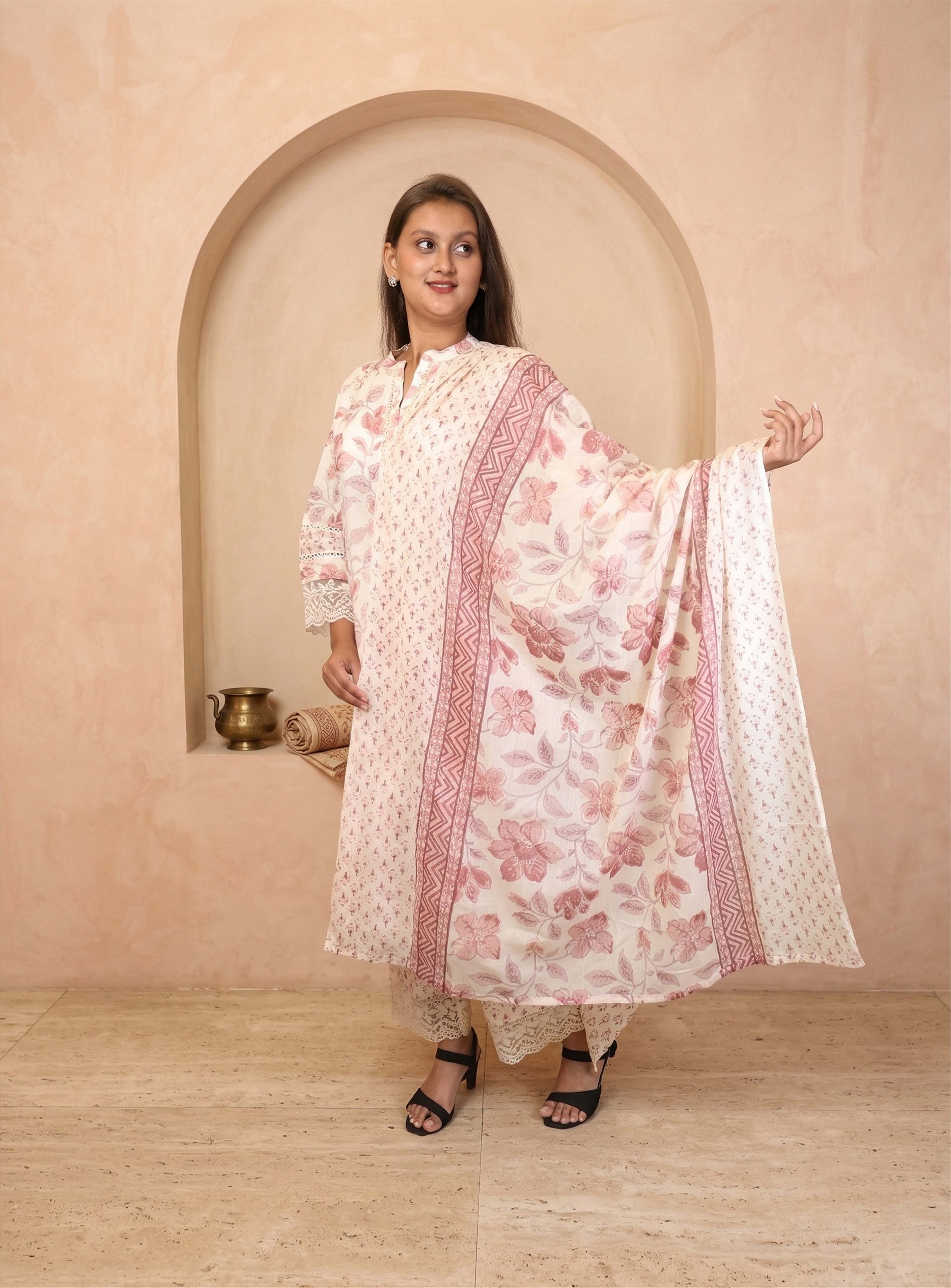 White and pink cotton floral straight suit set with dupatta