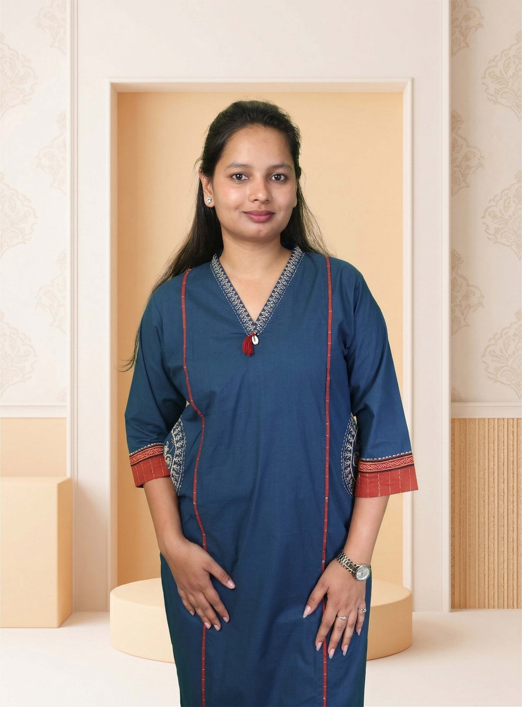 Blue warli print cotton straight suit set with block print dupatta