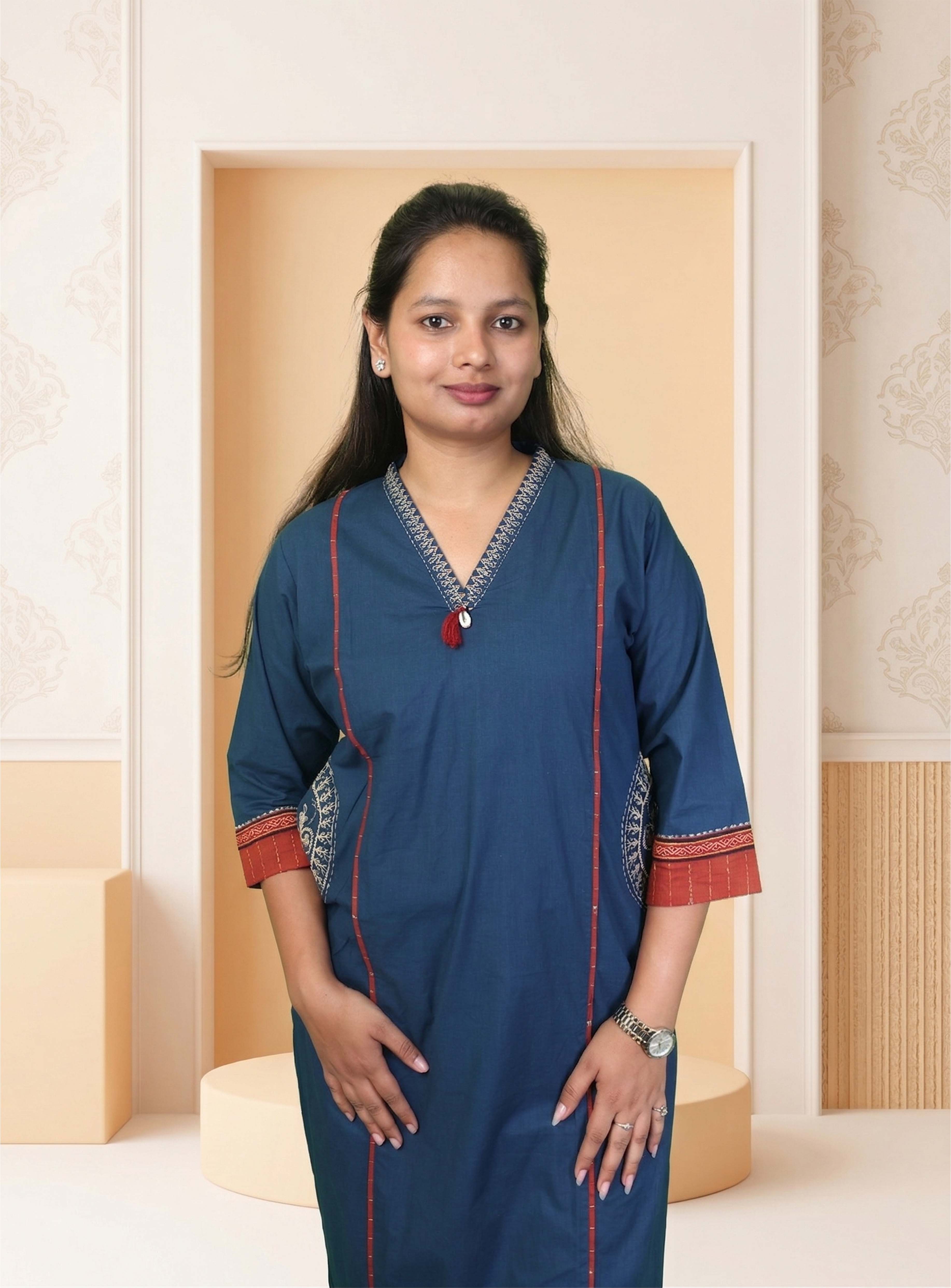 Blue warli print cotton straight suit set with block print dupatta
