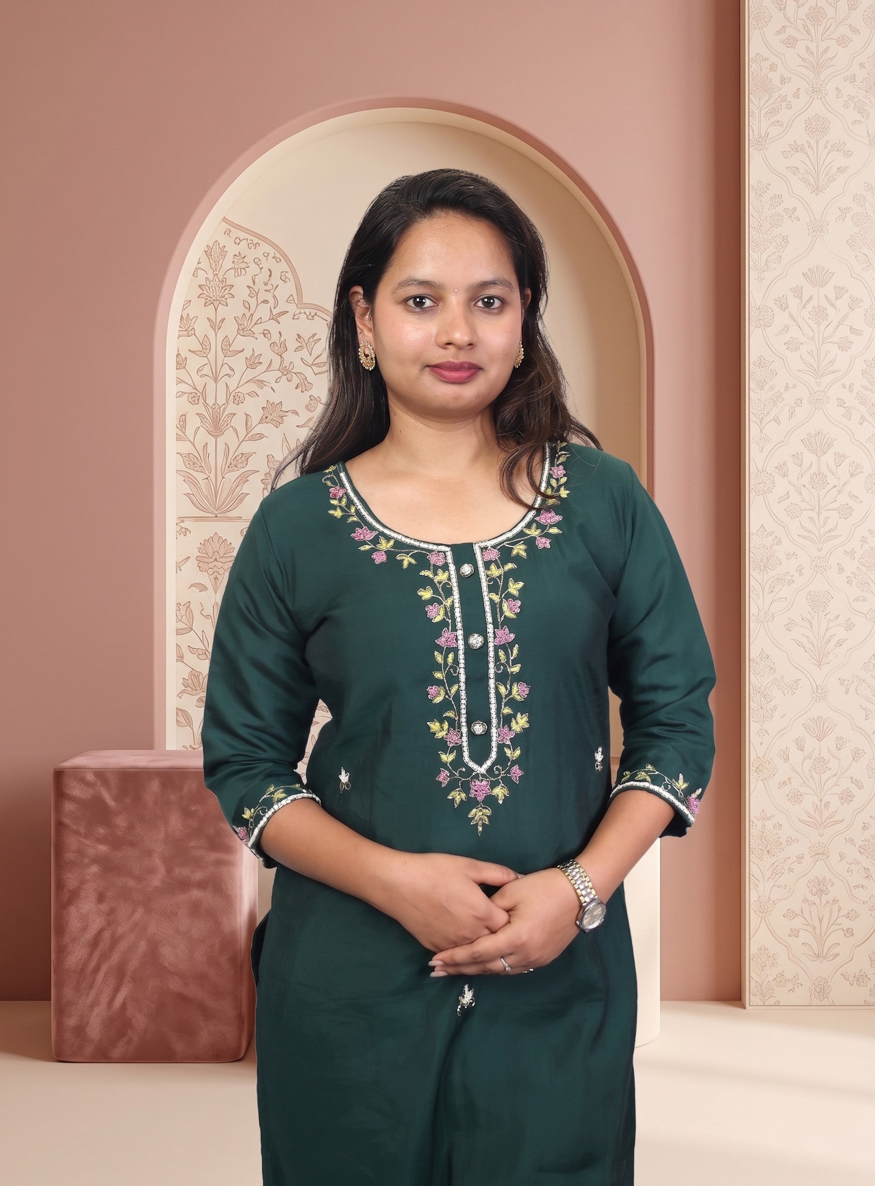 Dark Green silk blend hand work straight suit set with dupatta