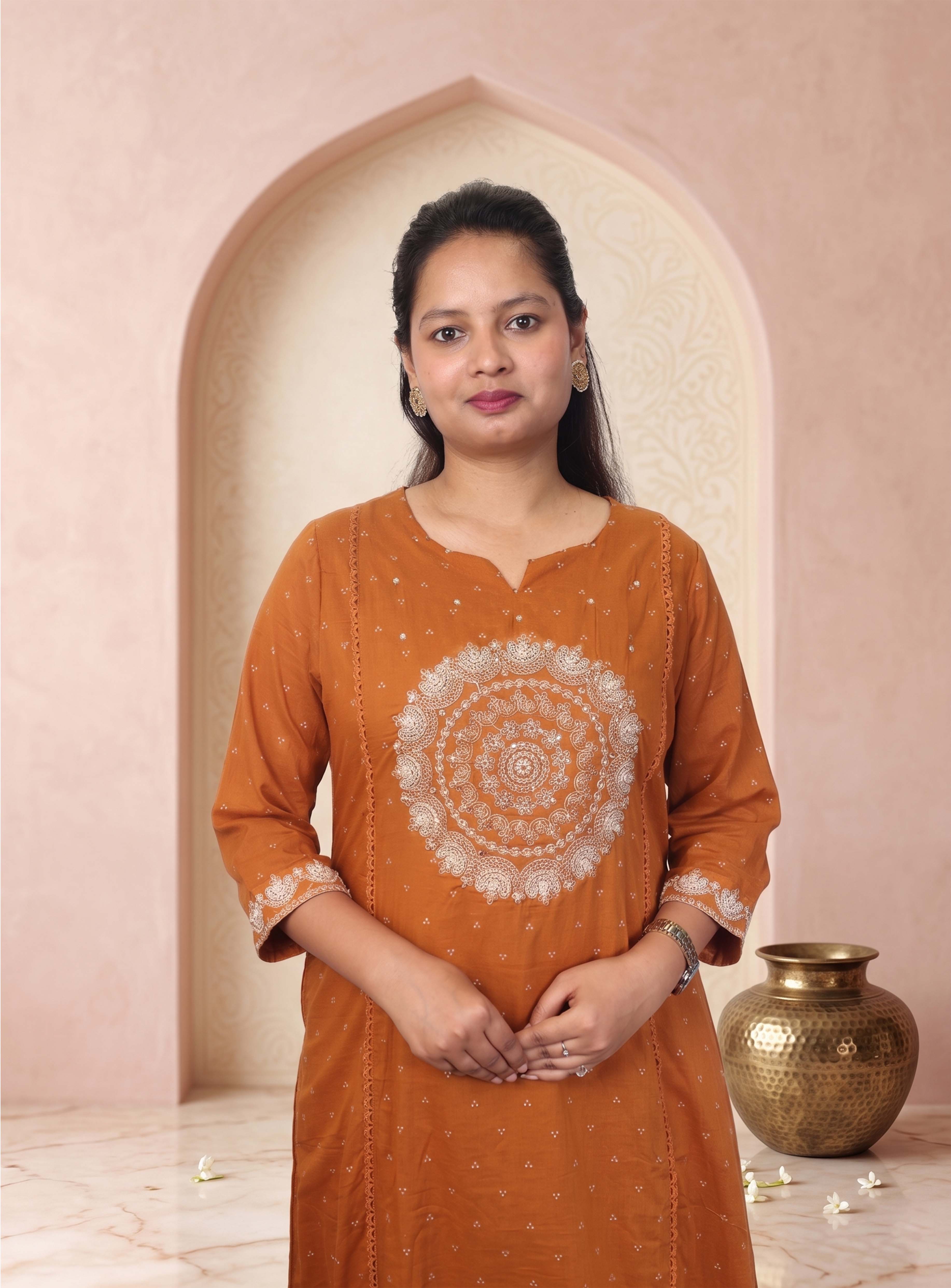 Rust orange Mull cotton A line Anarkali suit set with dupatta