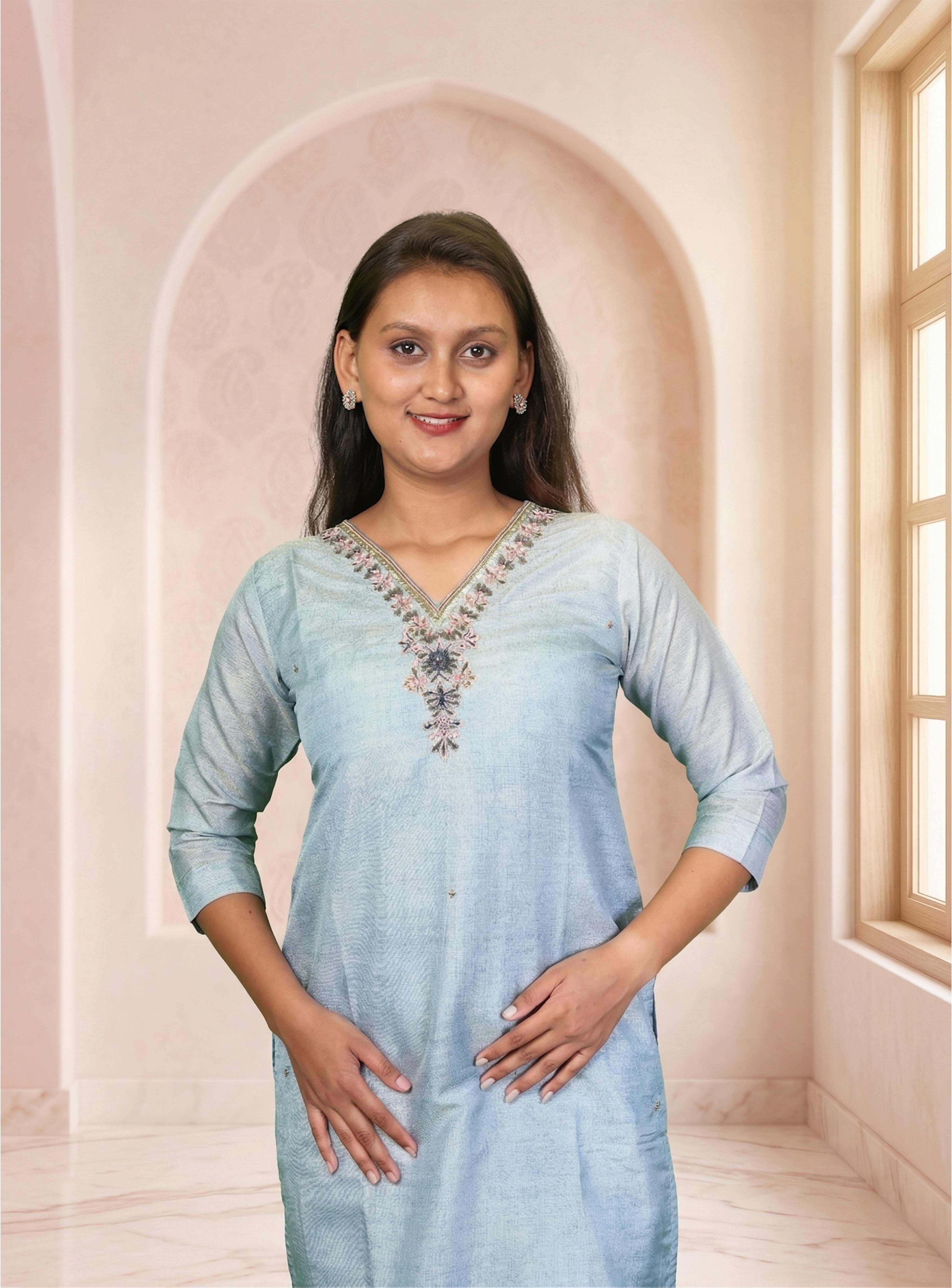 Baby blue chanderi straight suit set with dupatta