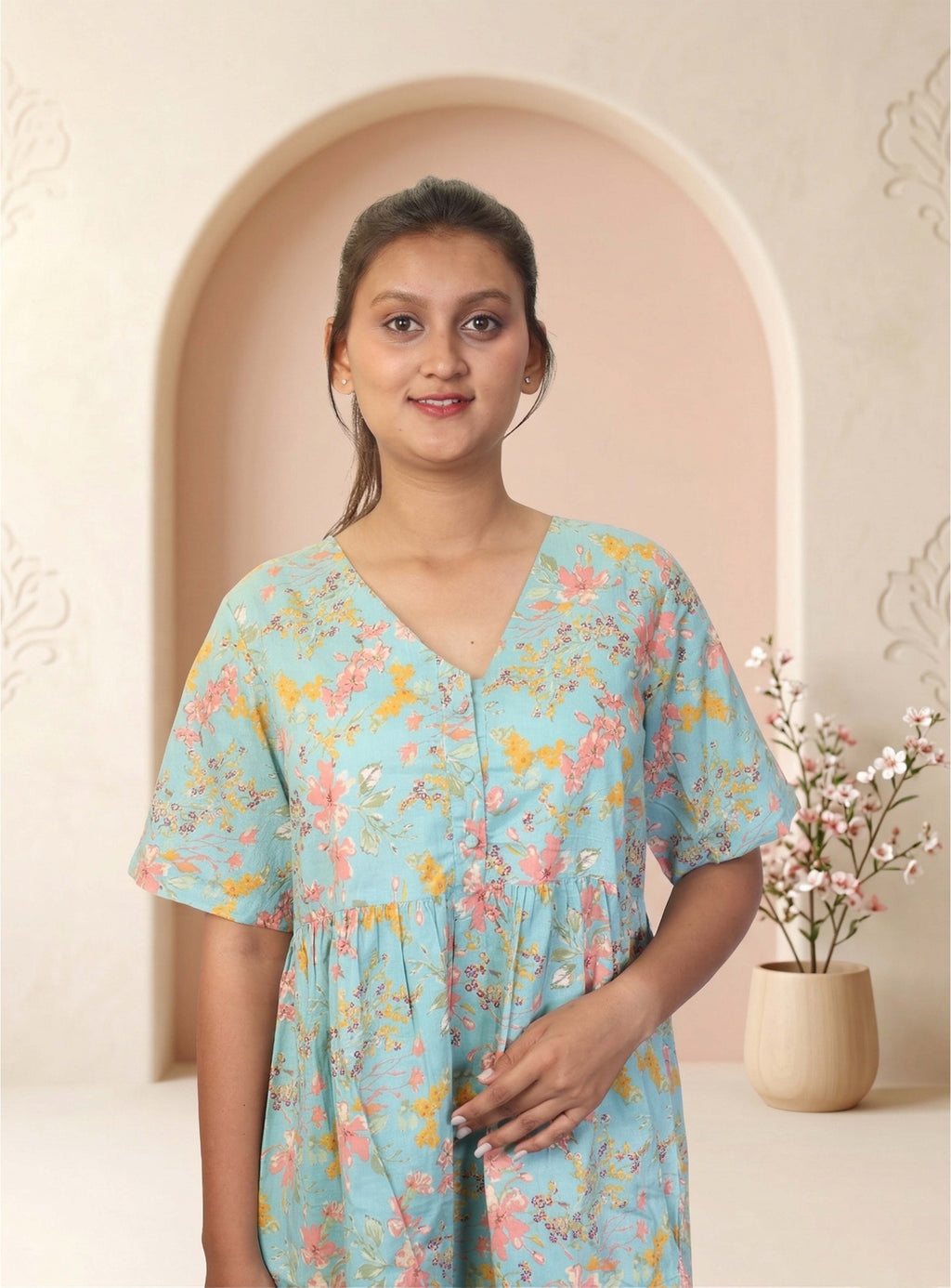 Lightblue Floral Printed cotton short dress