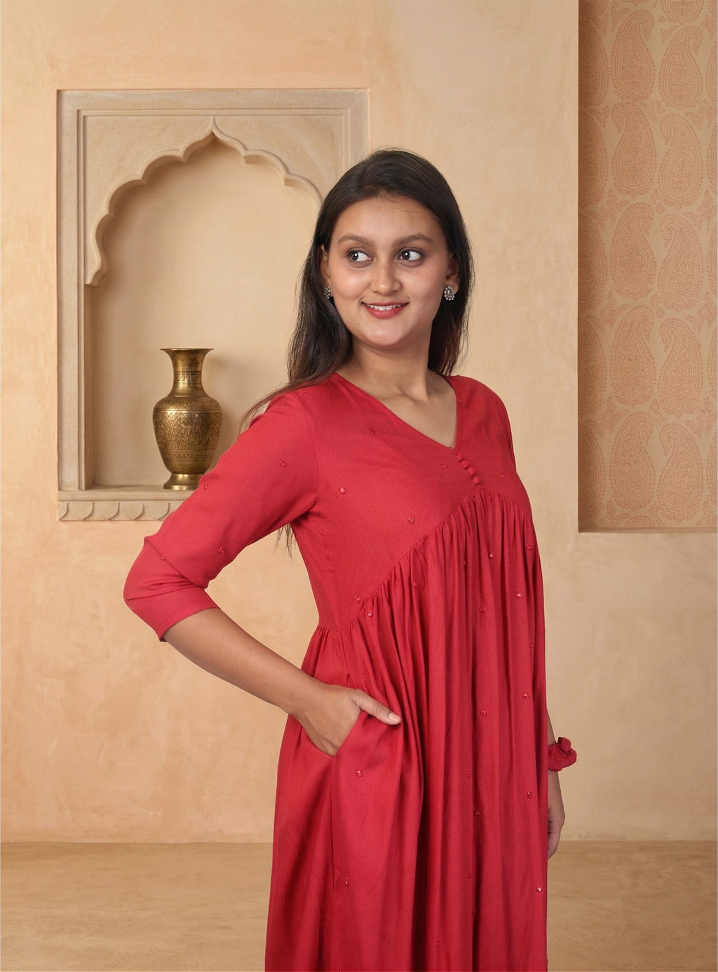 Red cotton blend anarkali suit set with dupatta