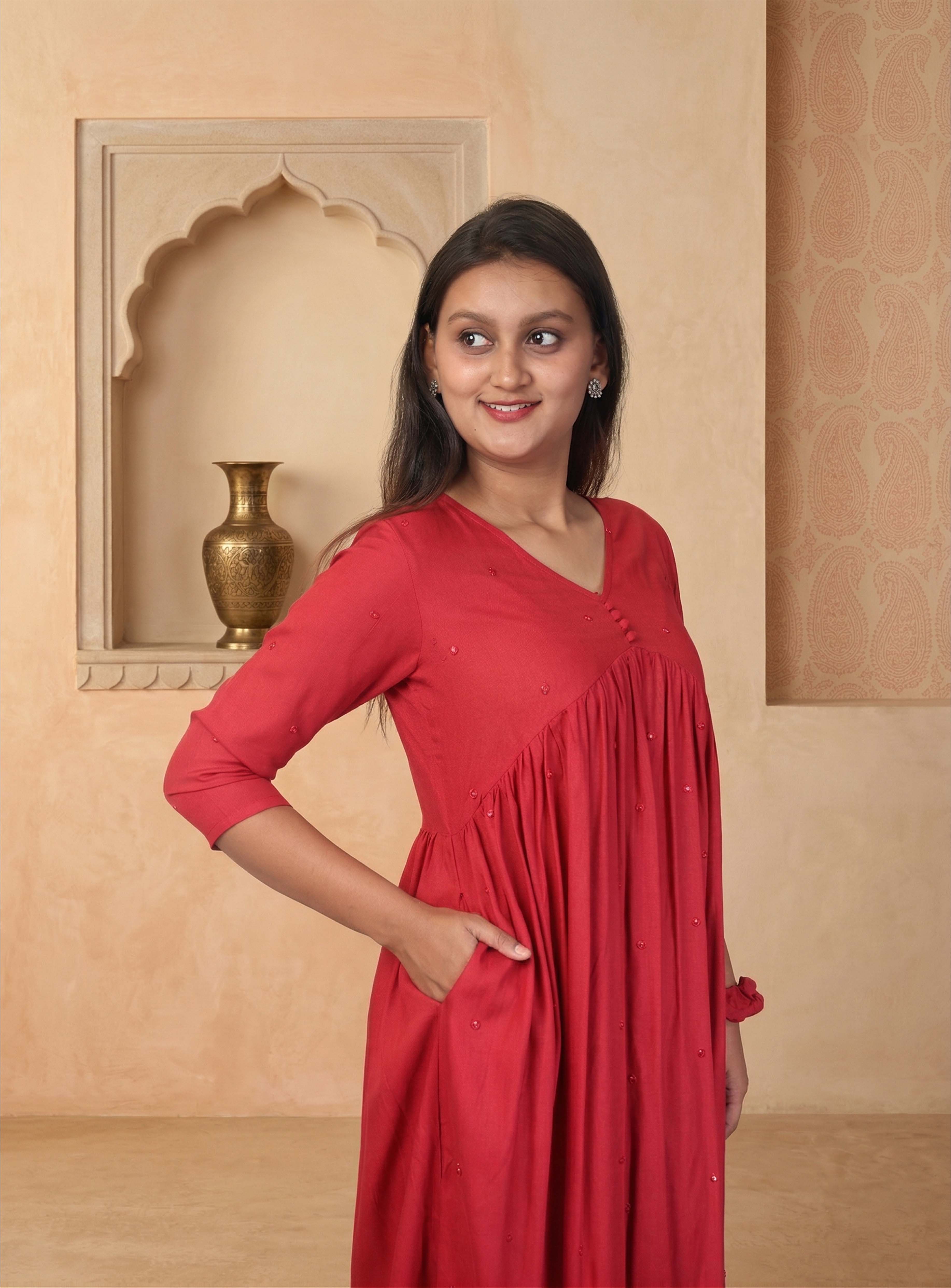Red cotton blend anarkali suit set with dupatta