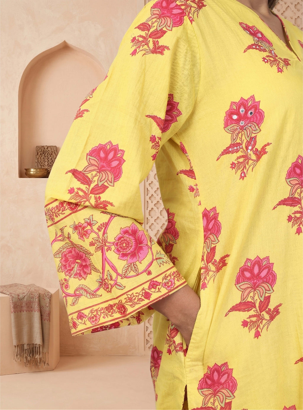Yellow cotton block print straight suit set with kota doriya dupatta