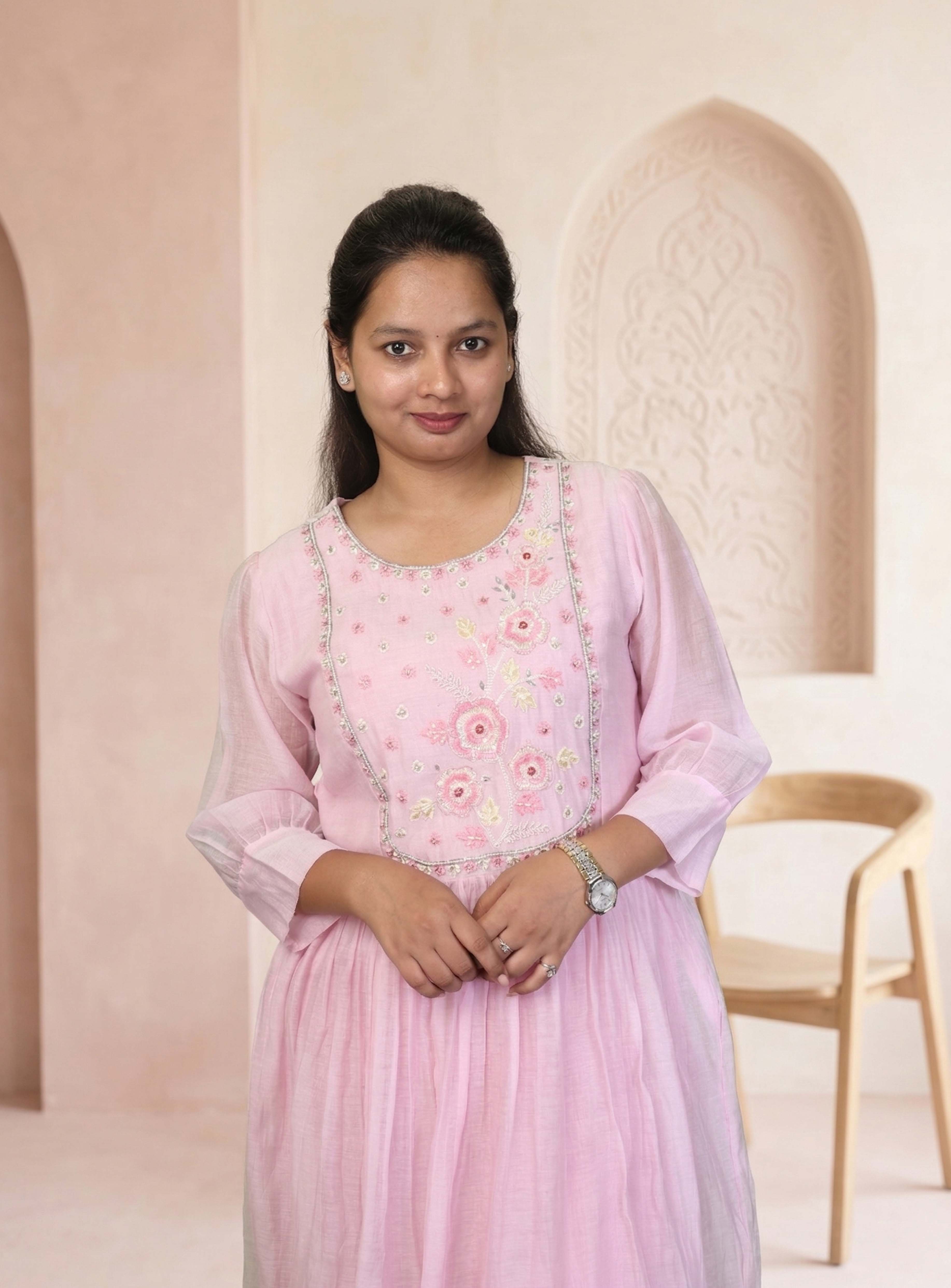 Pink Banarasi mul chanderi Anarkali set with dupatta