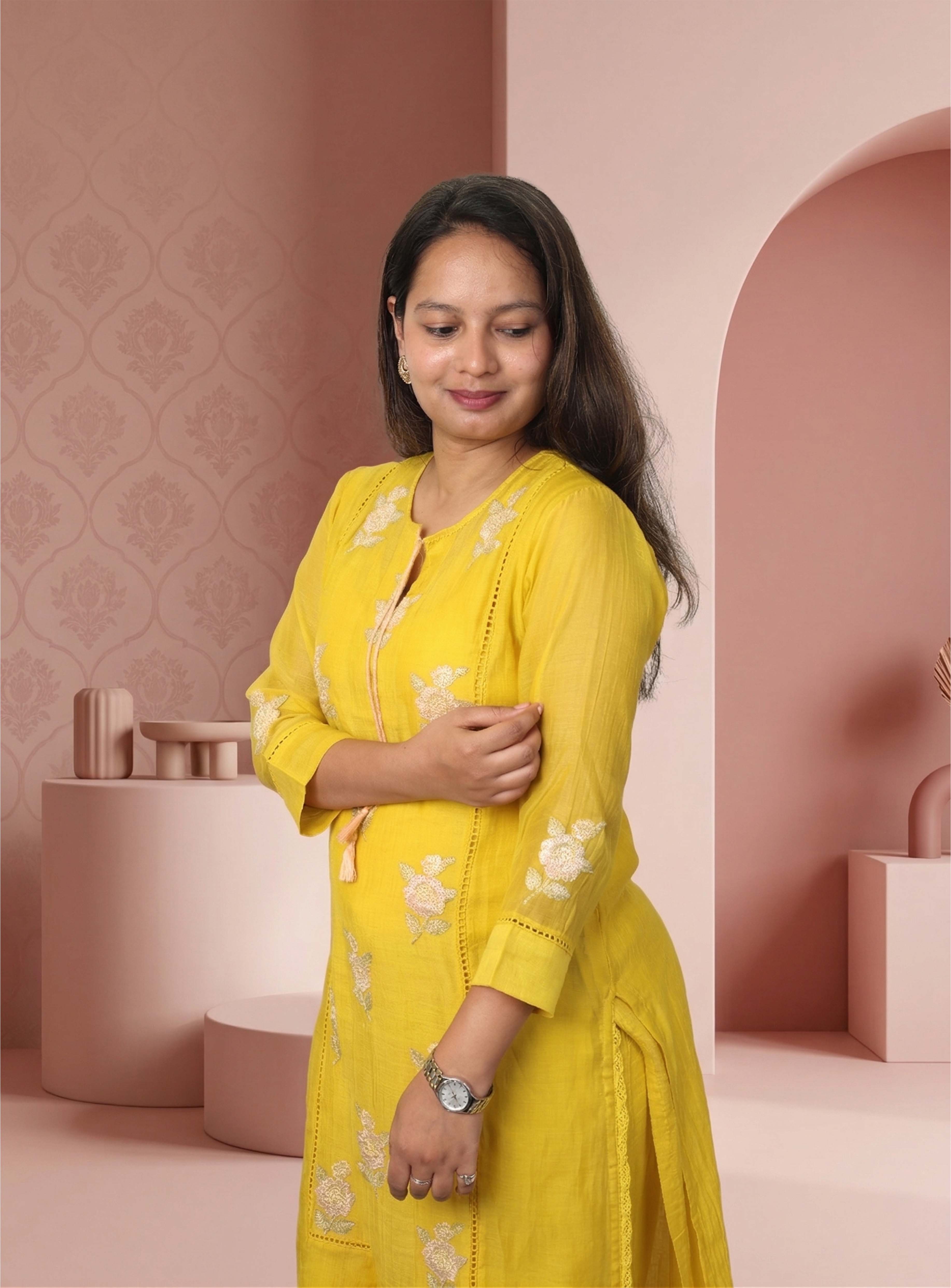 Yellow Banarasi mull chanderi straight handwork suit set with dupatta