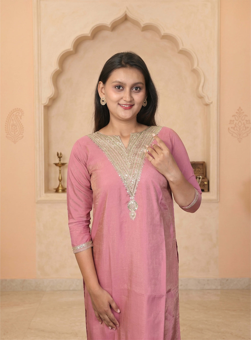 Rose pink silk blend shimmer straight suit set with dupatta