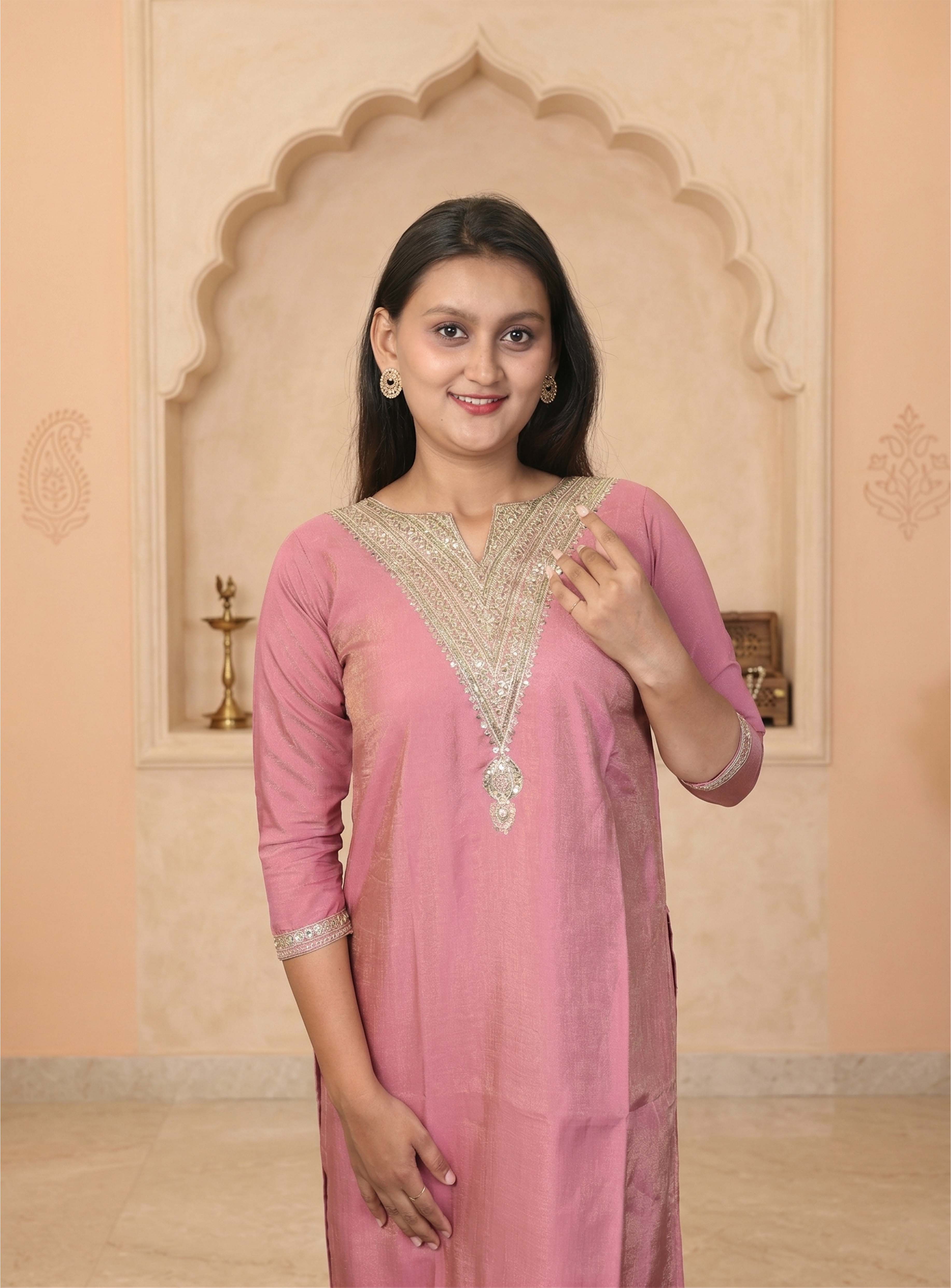 Rose pink silk blend shimmer straight suit set with dupatta