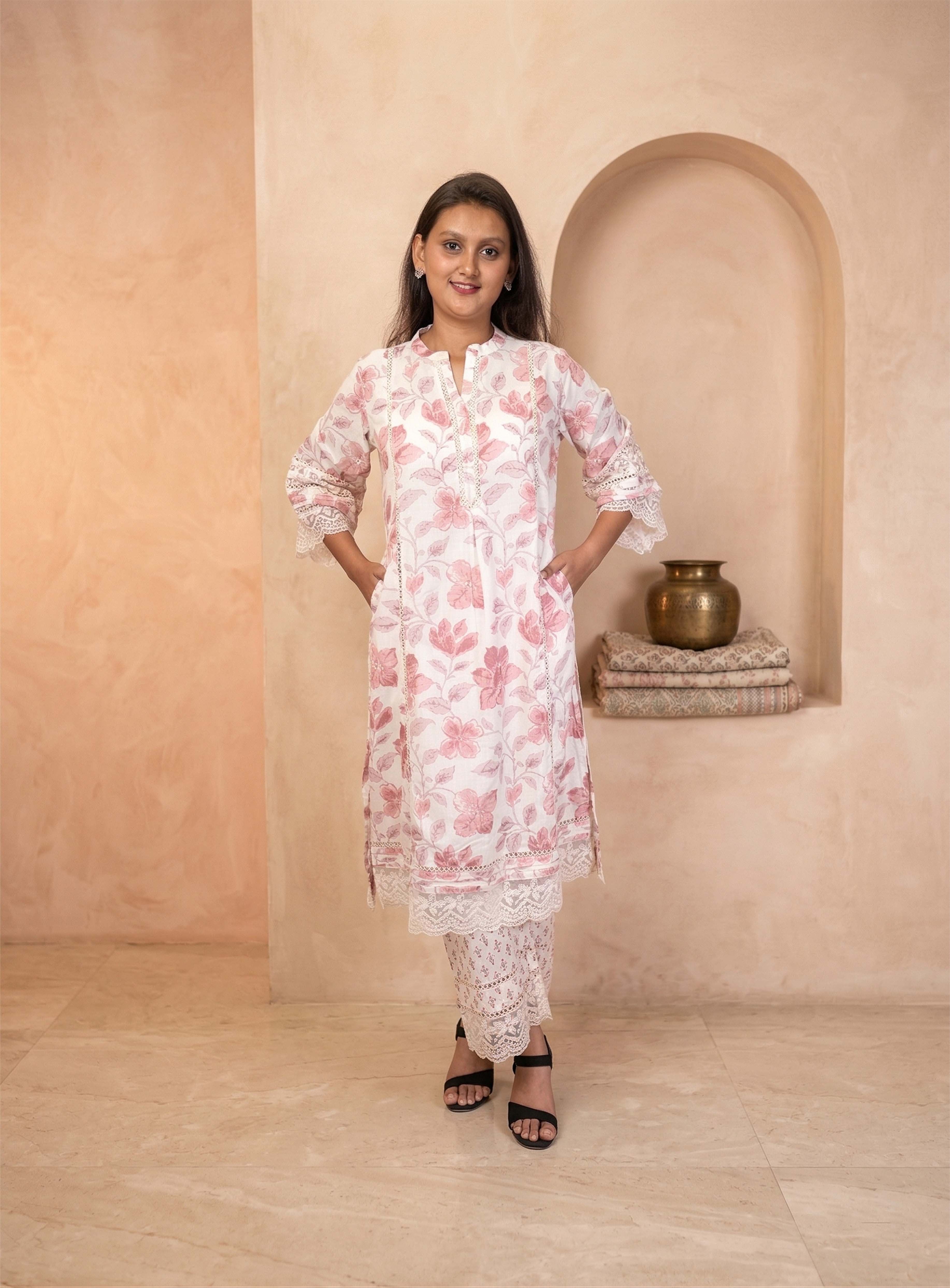 White and pink cotton floral straight suit set with dupatta