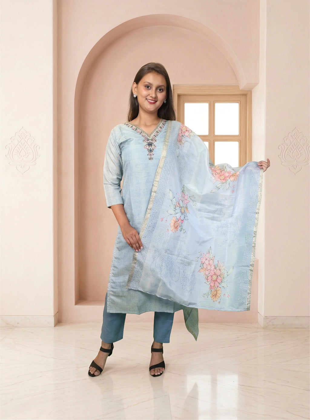 Baby blue chanderi straight suit set with dupatta