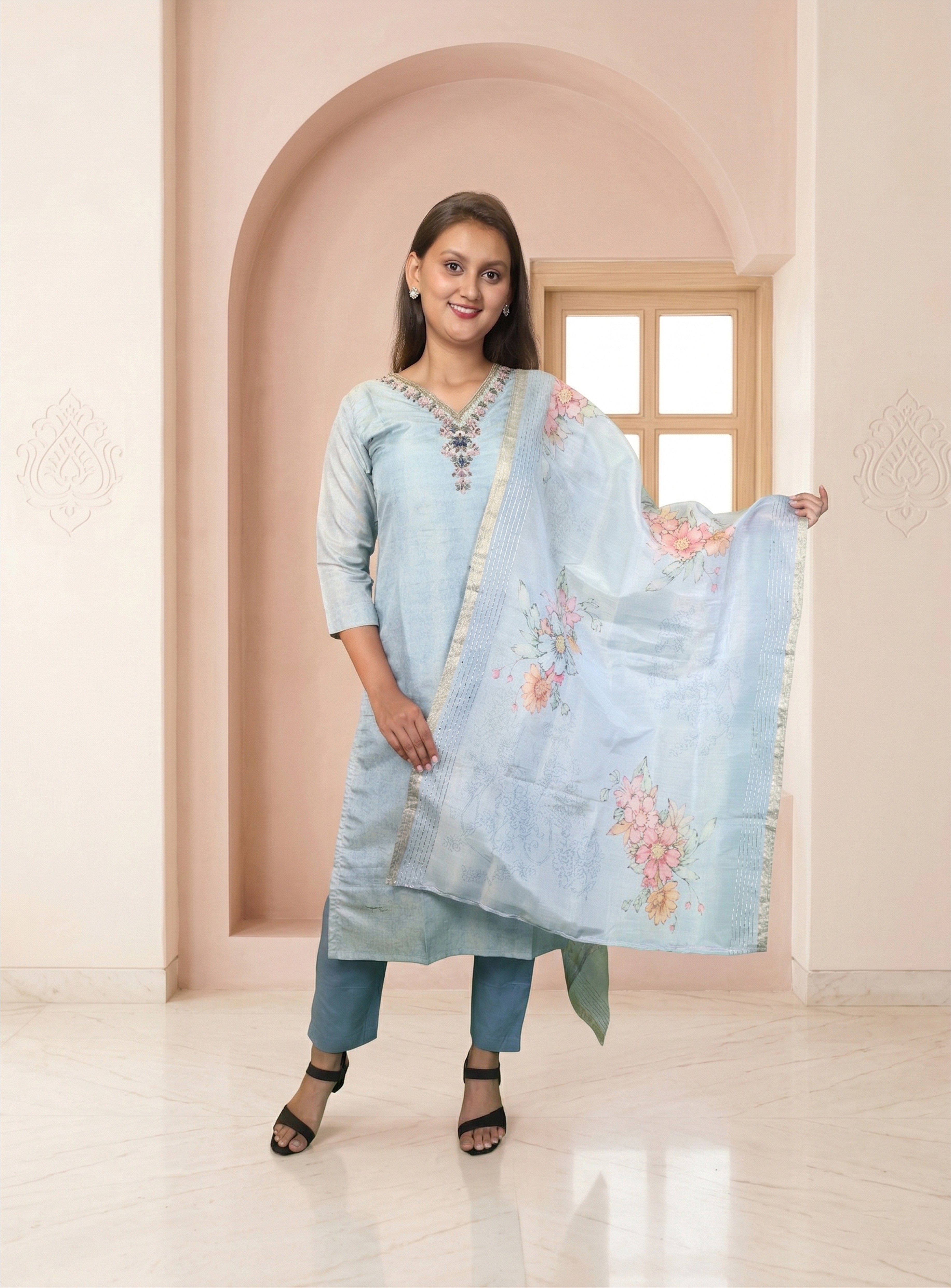 Baby blue chanderi straight suit set with dupatta