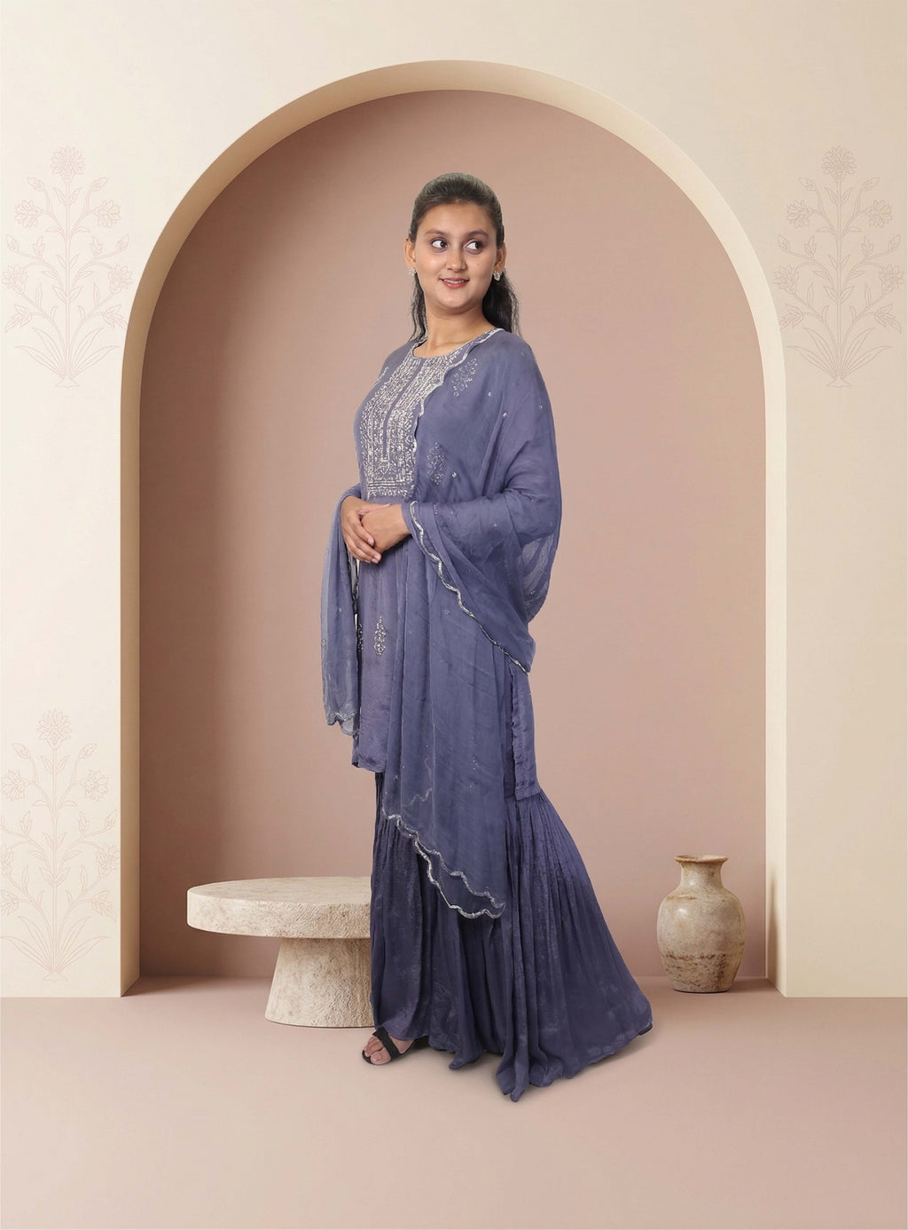 Mauve chinon handwork garara with dupatta