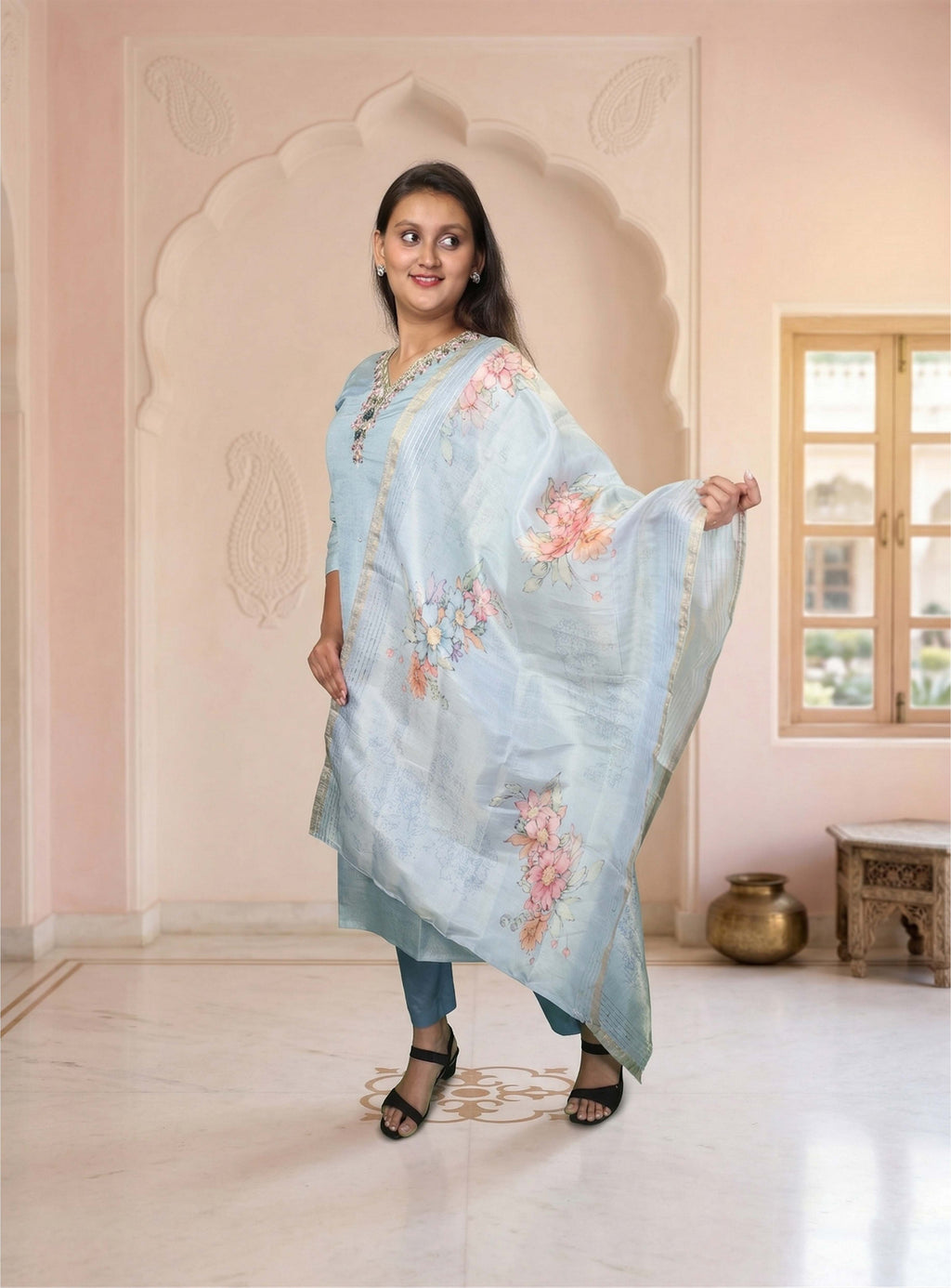 Baby blue chanderi straight suit set with dupatta